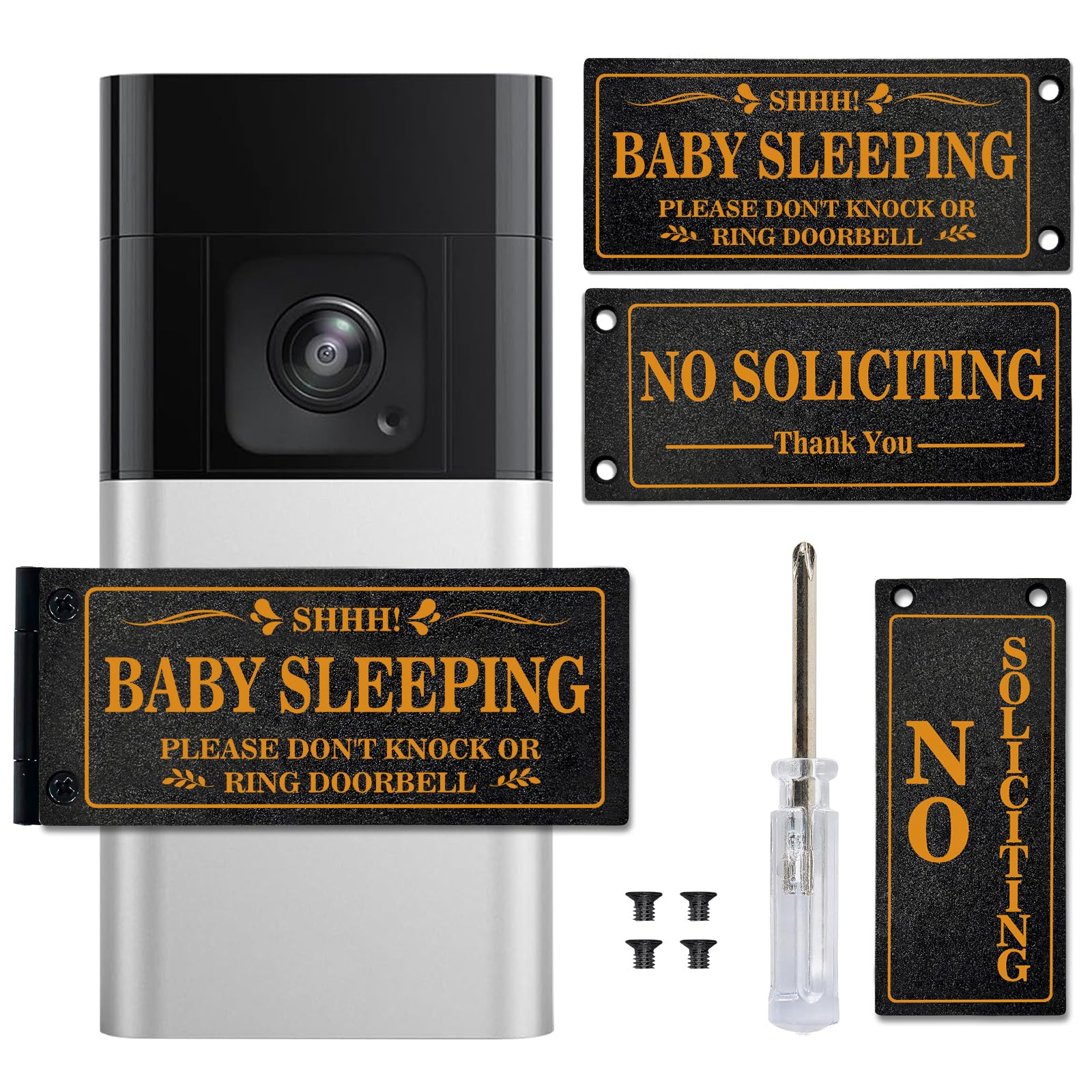 Baby Sleeping Don‘t Knock or Ring Doorbell，Rotatable No Soliciting Doorbell Cover. Metal sign for front door/house/Home. Great gift for moms with sleeping babies，Easy to install.，Very effective.
