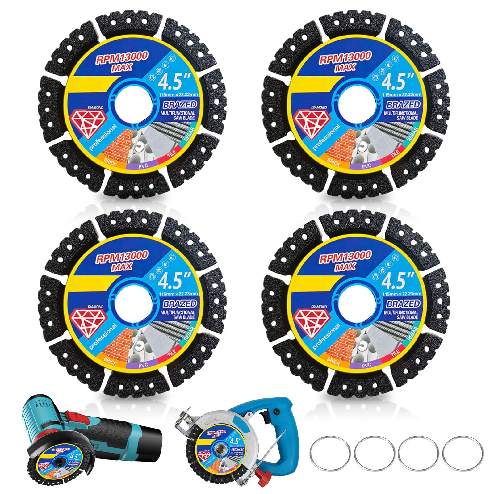 4 Pcs Diamond Cutting Disc, 115 mm / 4.5" Diamond Multi-Purpose Saw Blades Angle Grinder Discs Ultra Thin Porcelain Cutting Disc Heavy Duty Grinding Discs for Marble Tile Steel