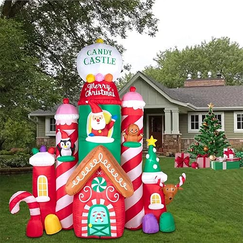 Miniatura 3 de Nervure Castillo de Navidad inflable de 10 pies – Castillo inflable de Navidad, dulces, Papá Noel, reno, pingüino de pan de jengibre con luces LED