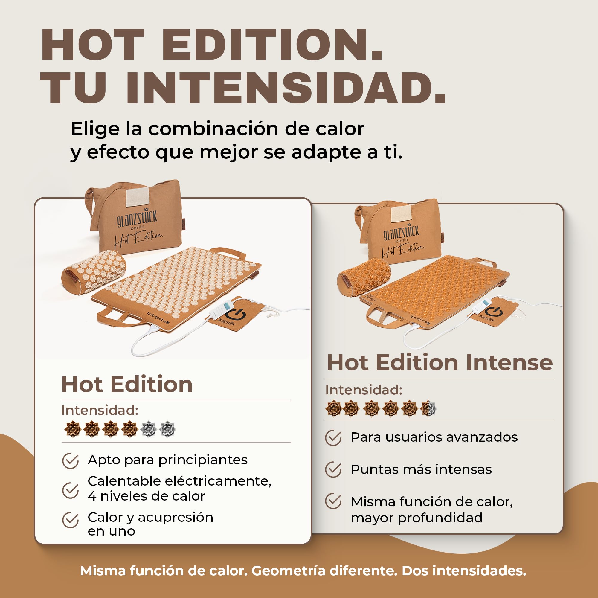 Glanzstück Berlin® Esterilla de acupresión calefactable – Edición caliente con función de calor y 4 niveles de calor, juego de 6850 puntas de flores para espalda y cuello | 72 × 42 cm