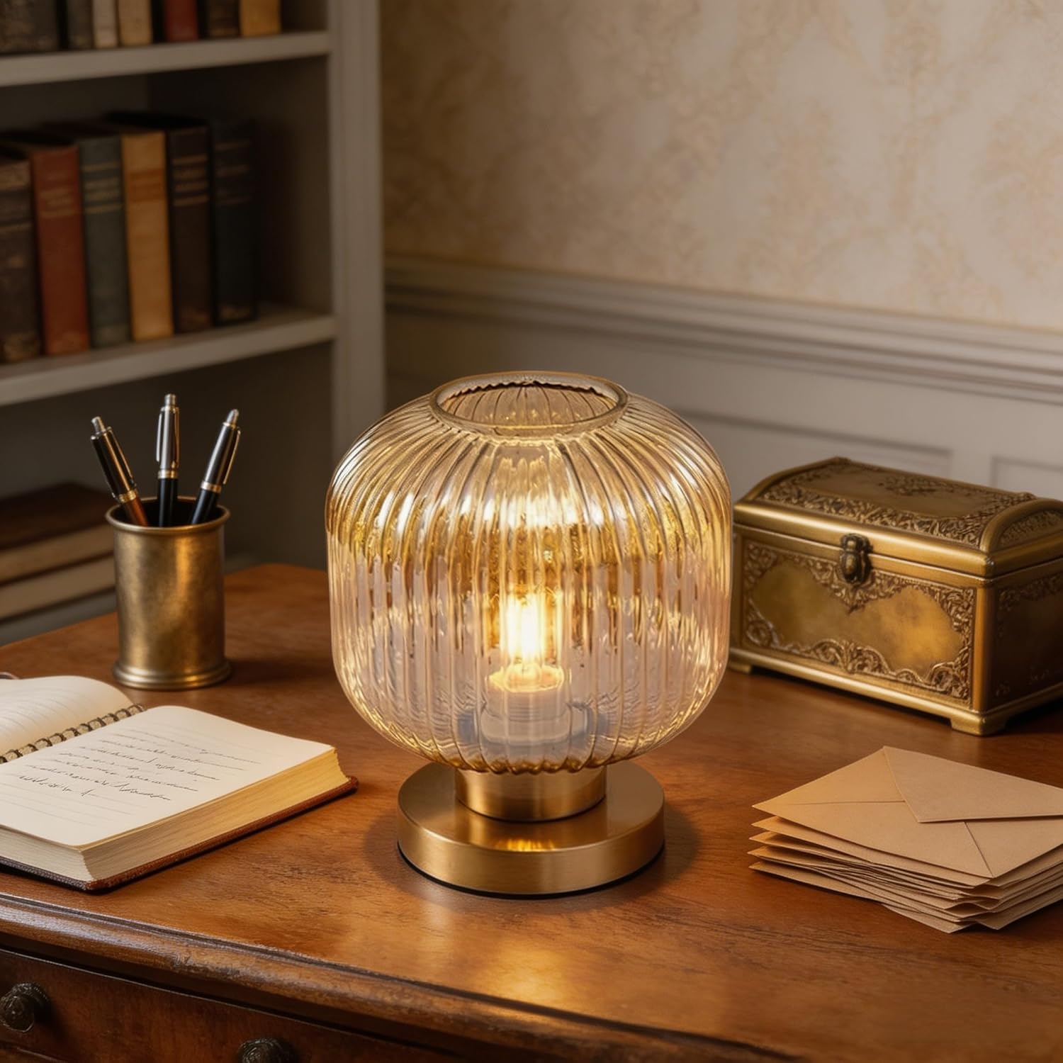 NKU Mid Century Modern Dimmable Table Lamp with Vintage Amber Ribbed Glass Globe & Brass Gold Base for Bedroom Living Room Office