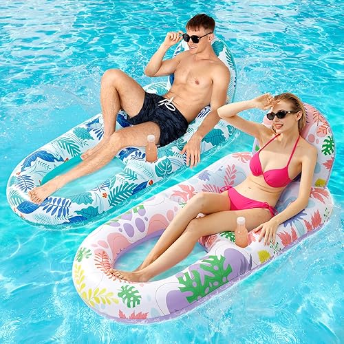 2 Pack Pool Floats Adult Heavy Duty-Adult Pool Float Lounger with Cup Holders, Backrest & Footrest Pool Lounge Float Pool Floaties Rafts for Beach