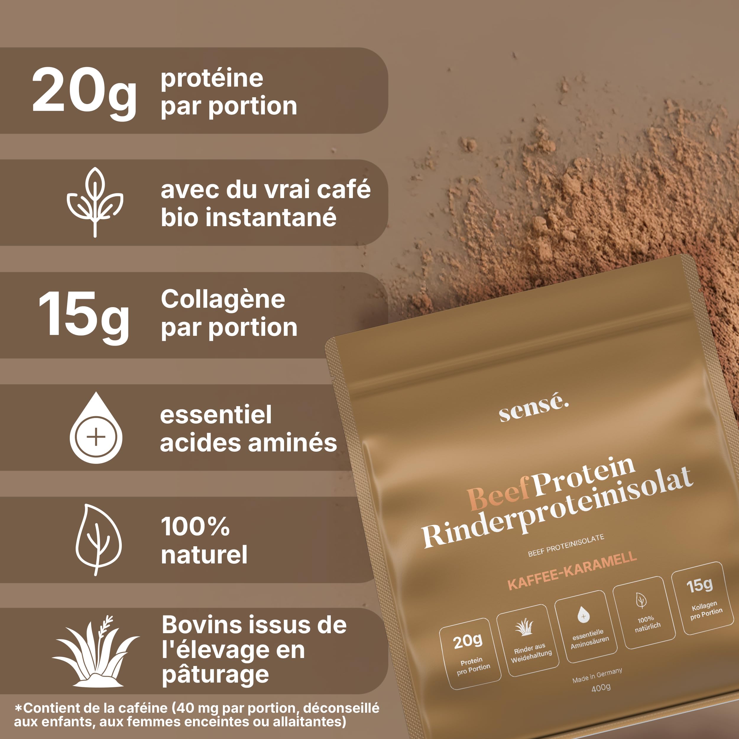 Poudre de protéines de bœuf au café et au caramel 400 g - 100% naturel | 20 g de protéines | 5% de café instantané et d'écorces de psyllium | Bioactif | Collagène 1, 2 et 3 | Bouillon d'os de bœuf