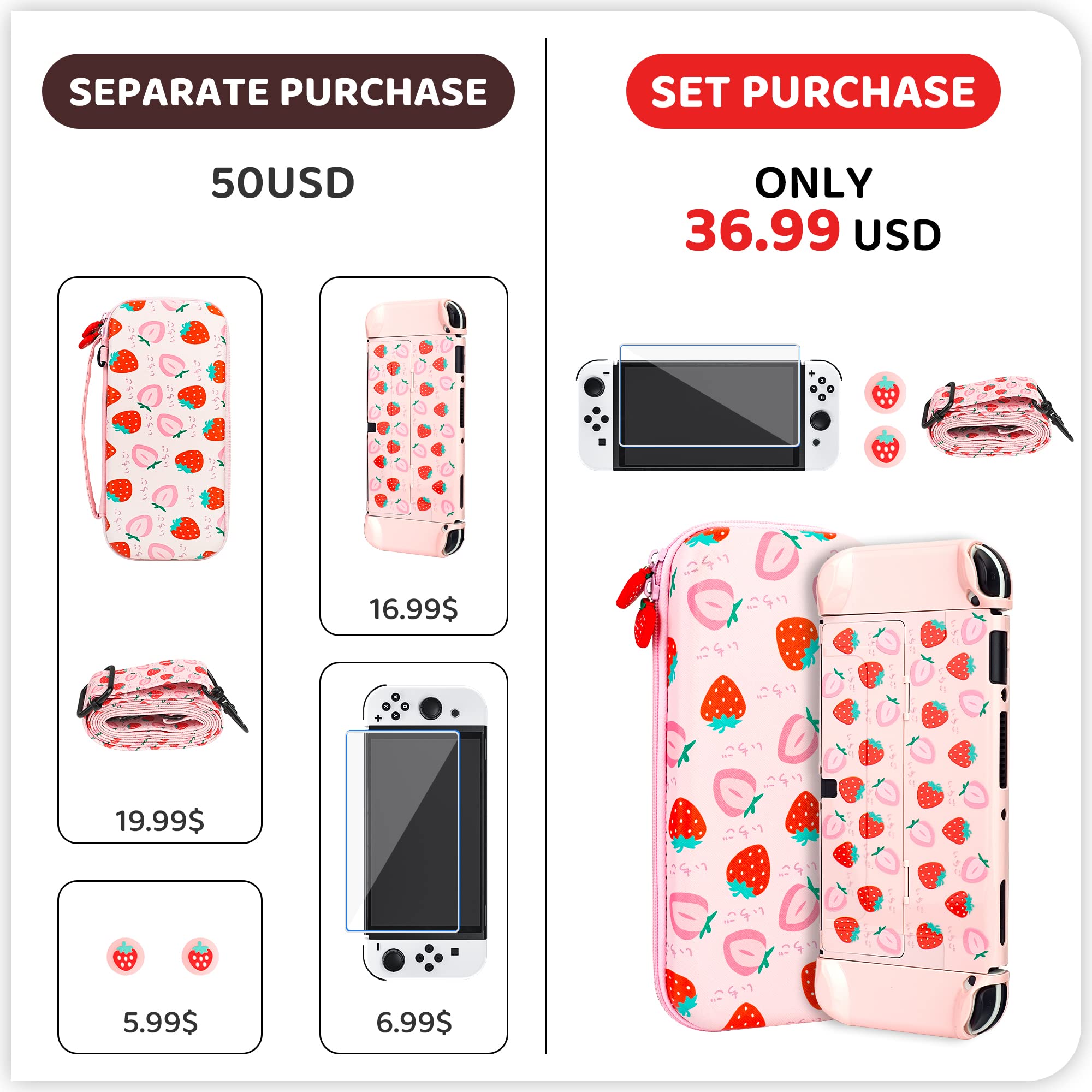 RHOTALL Strawberry - Custodia da viaggio per Nintendo Switch OLED, custodia portatile da viaggio per accessori con guscio protettivo rosa, tracolla, protezione schermo e 2 tappi per pollice
