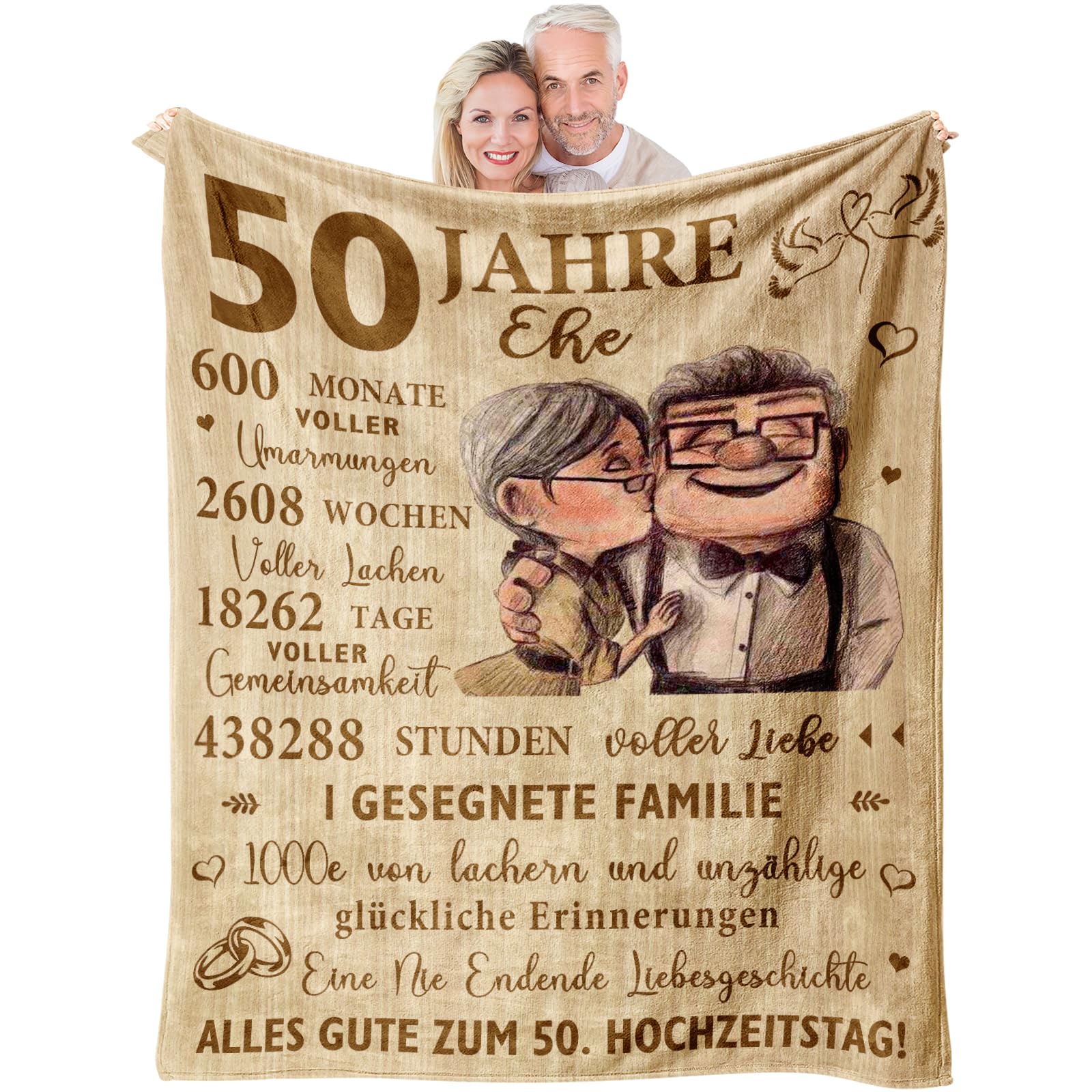 Goldene Hochzeit Geschenke, 50 Hochzeitstag Geschenke für Sie/Ihn, Geschenk Goldene Hochzeit Eltern, Goldenehochzeit Geschenkideen Decke 200x150CM