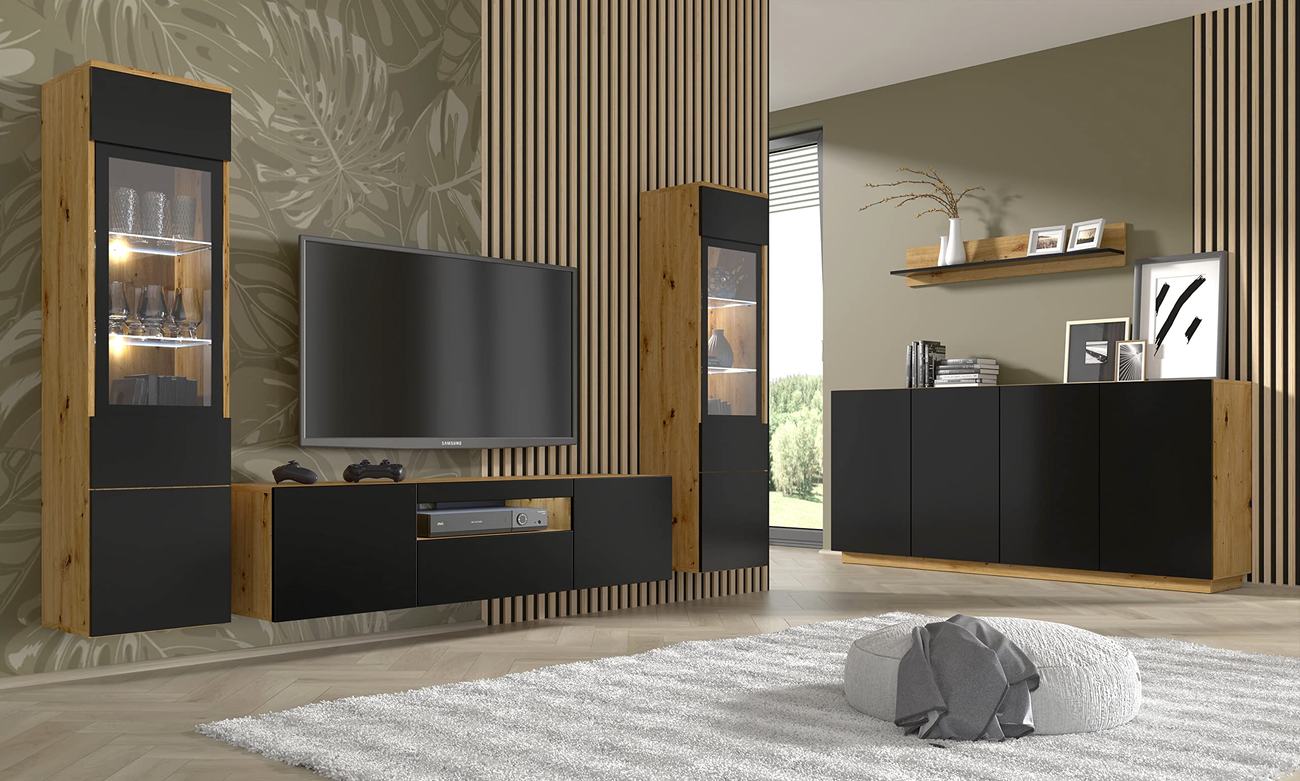 BIM Furniture Wandregal Aura – Modern Dekoregal 16x150x20 cm, Hängeregal, Wohnzimmer Regal, Wandmontage – Eiche Artisan/Schwarz Matt