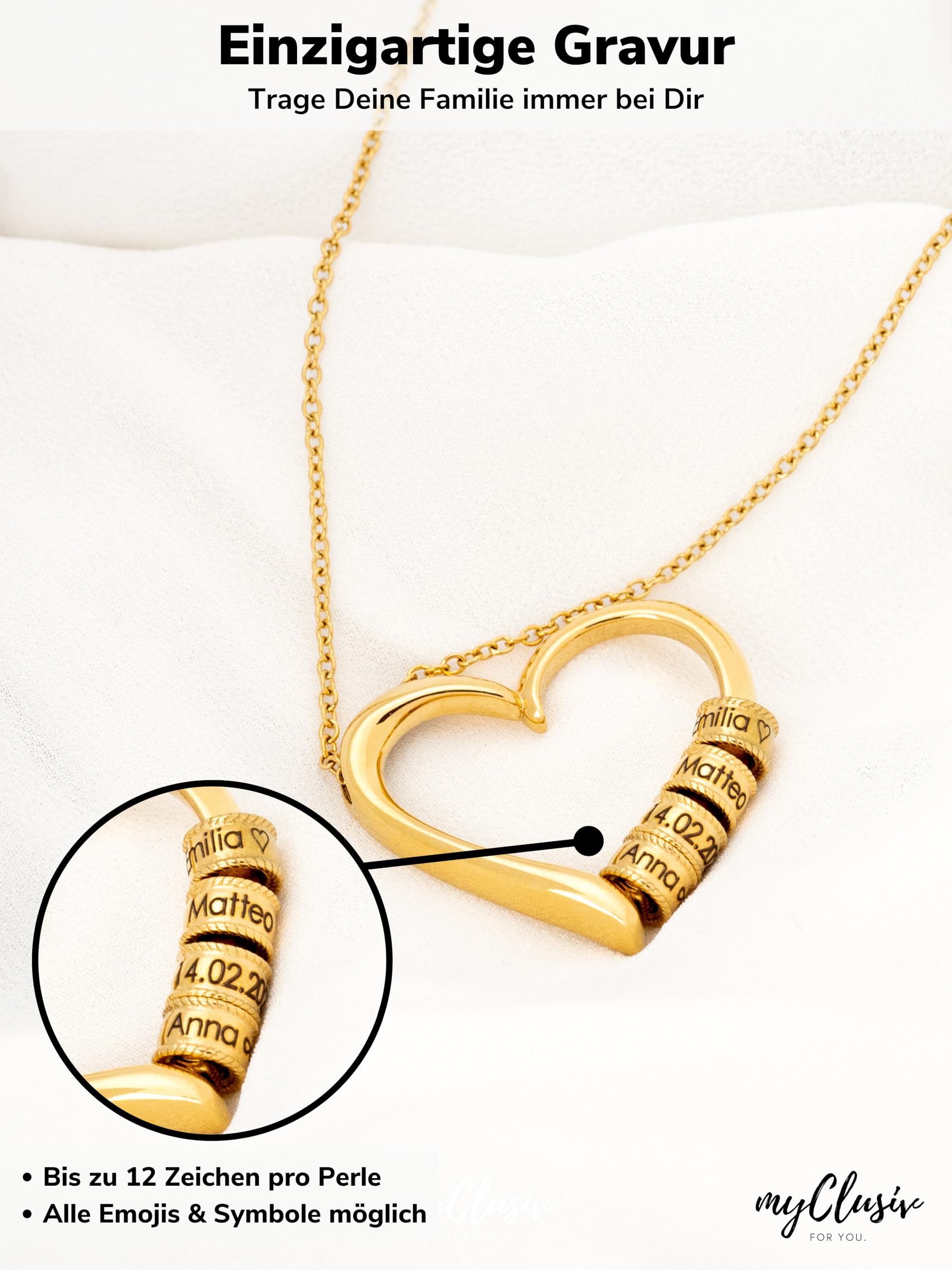 Herzkette mit gravierten Perlen – Personalisierte Namenskette als Geschenk für Frauen & Mama – Damen Halskette aus Edelstahl mit Gravur