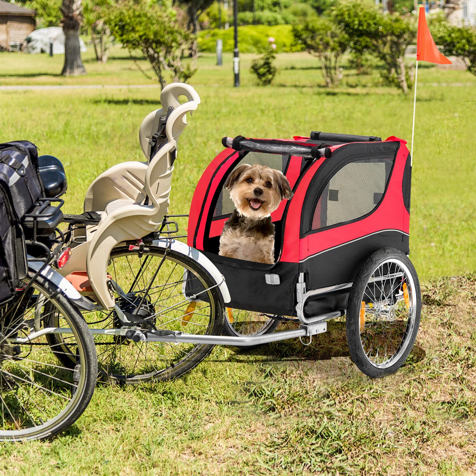 COSTWAY Remolque de Bicicleta para Mascotas, Remolque Bicicleta Perros Pequeños y Medianos con Ruedas, Transportador de 2 Puertas con Techo Solar, Capacidad 40 kg, 60,5 x 135 x 95 cm