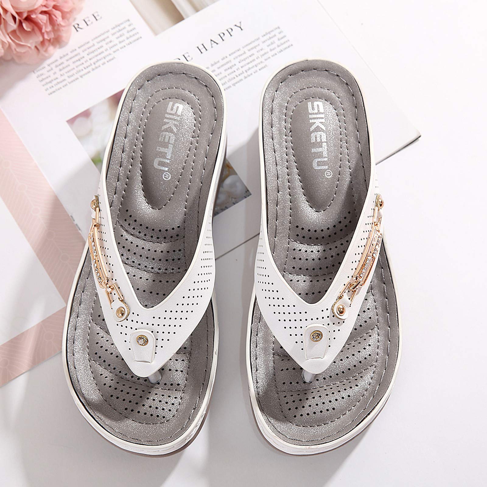 Slip Wedge Crystal Flops Shoes On Slippers Vintage Women Flip Hollow Out Summers Women's Slipper Thin Flip Flops for Men (White, 7.5)