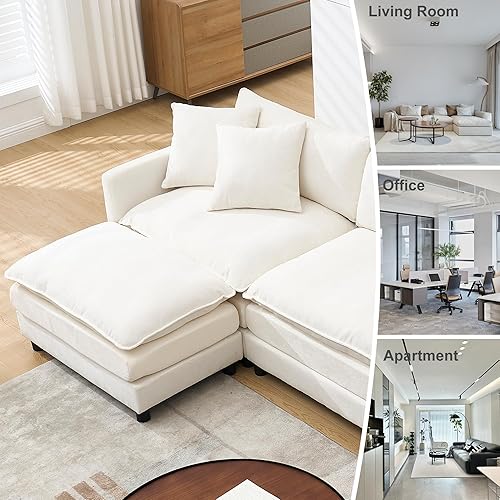 Miniatura 10 de Sofá modular modular de pana de 108.27 pulgadas para sala de estar con 3 asientos, 1 otomana y 3 almohadas, cómodos sofás de nube con otomana móvil,
