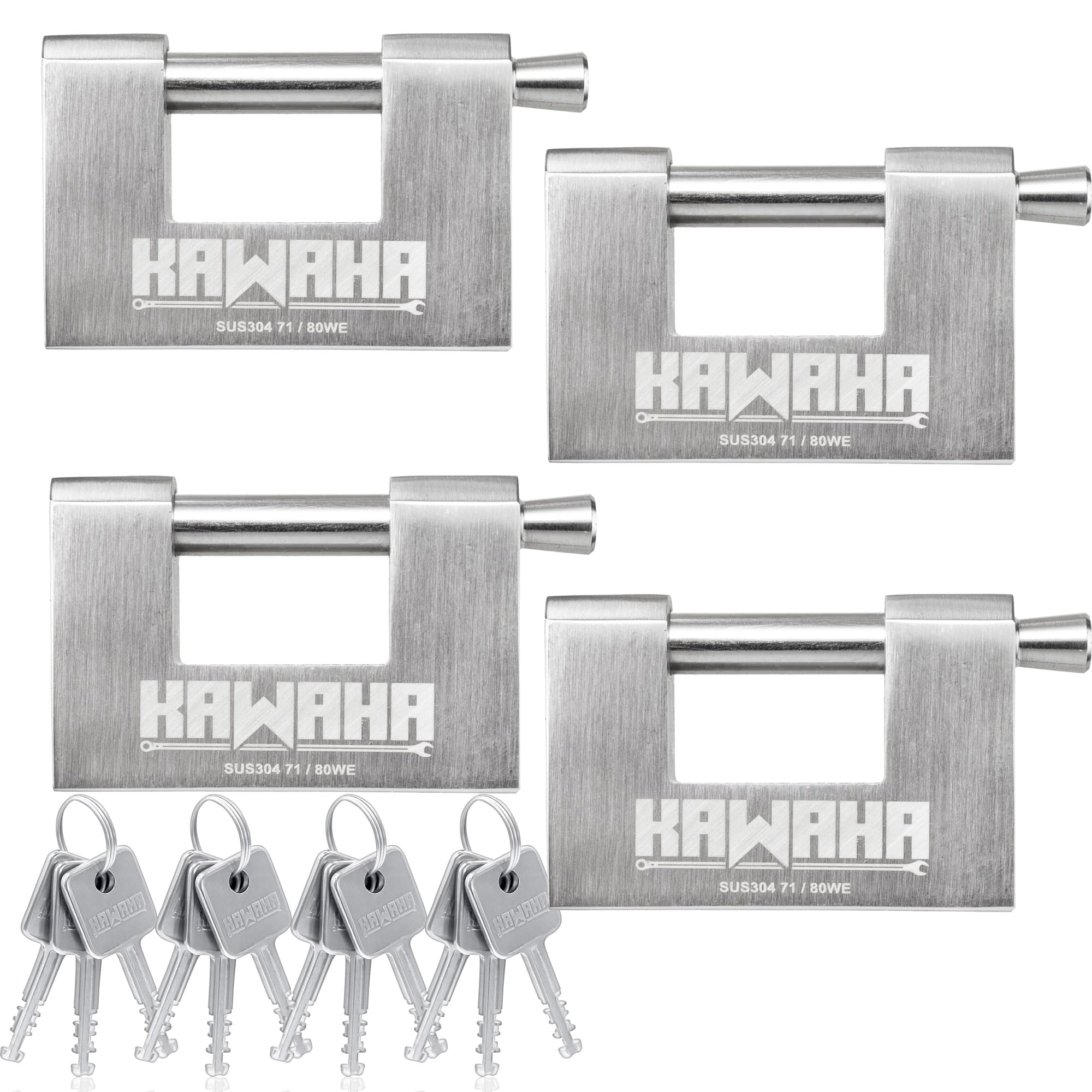 KAWAHA 71/80-4PS Stainless Steel D-Shaped Padlock with Stainless Steel Keys for Garage Door, Containers, Shed, Locker and Warehouse (3-1/8 inch, Keyed Alike - 4 Pack)