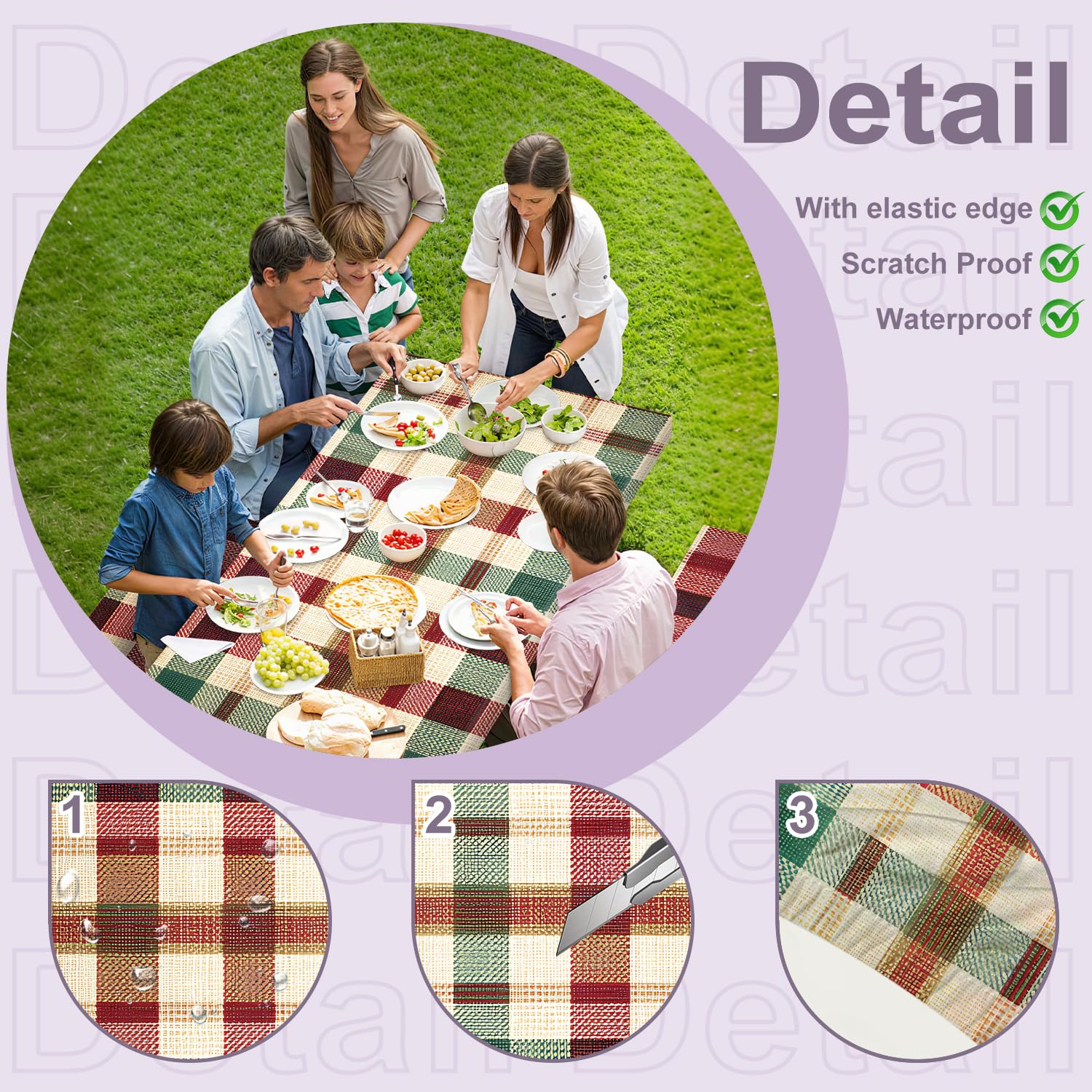 Nappe Table Pique Nique 6FT Carreaux Rouge Vert Lot de 3, Housse Imperméable Extérieur 72"x30" avec Housses Banc