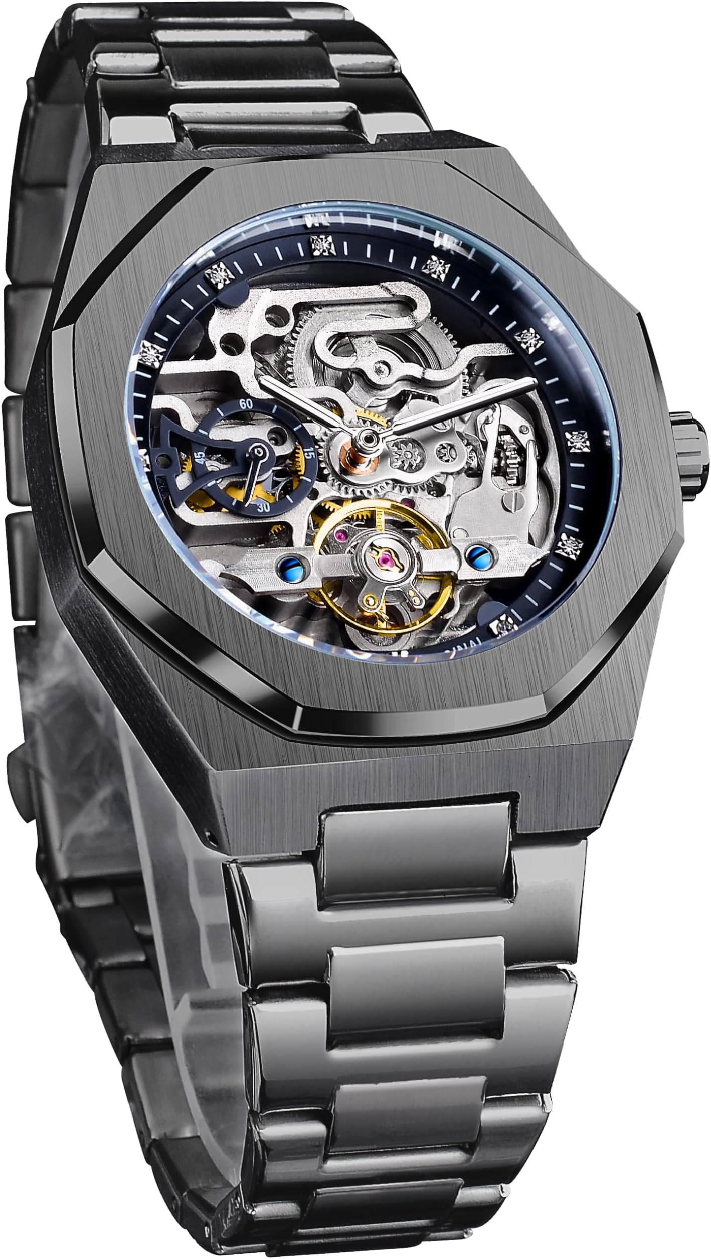 Automatic Watch Mechanical Wrist Watch for Men Octagonal Waterproof Skeleton Watches Luxury Diamond Tourbillon Silver Stainless Steel Band
