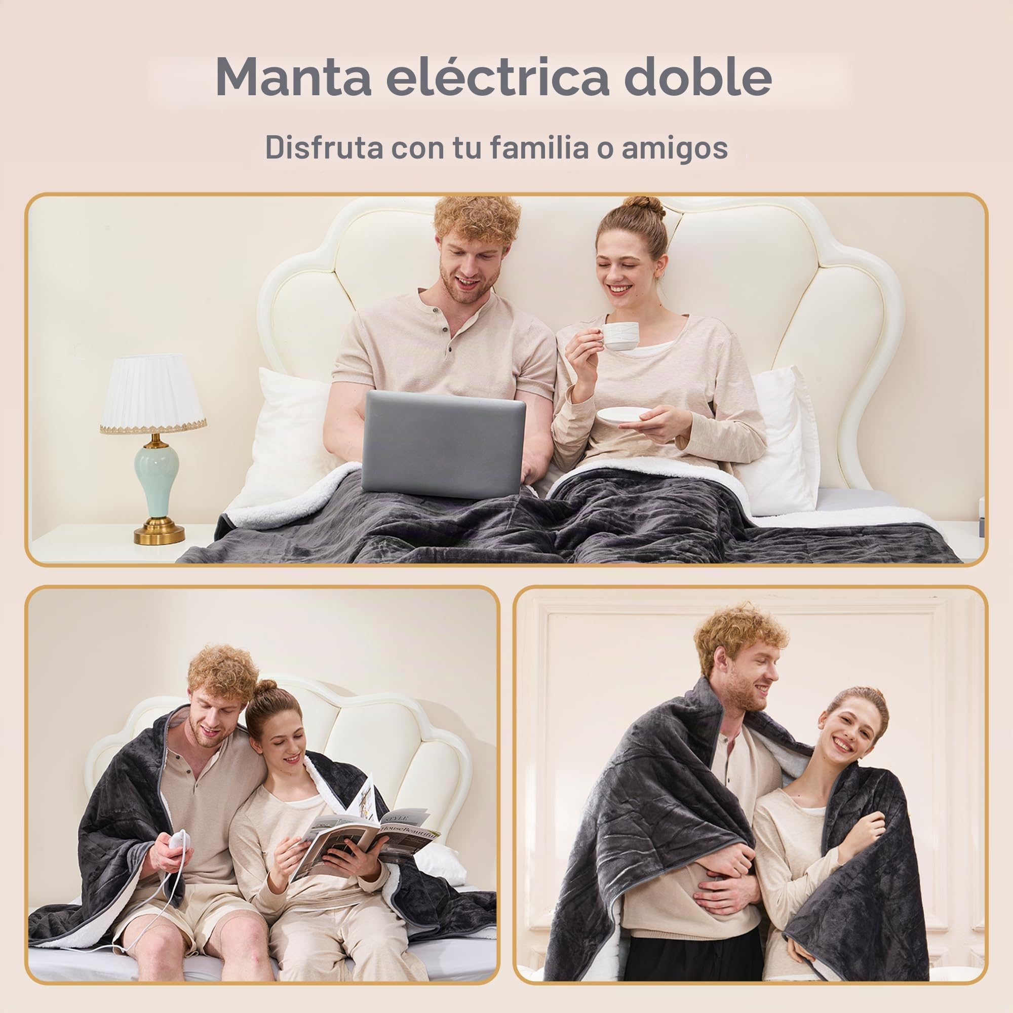 Manta térmica eléctrica, manta eléctrica con 4 ajustes de calor y temporizador de apagado automático de 4 horas, pantalla LCD, manta térmica gris de franela Sherpa para sofá y cama, 160 x 120 cm