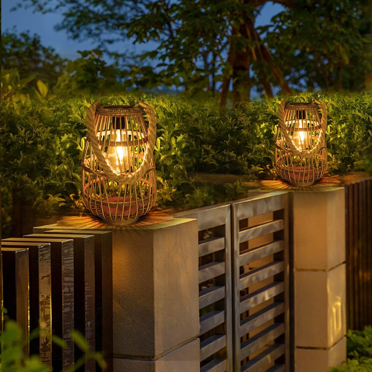Natural Rattan Solar Lantern with Handle - Large Waterproof LED Decorative Garden Lights, Bright Rattan Solar Table Lamp for Yard, Patio, Wedding, Home Decoration