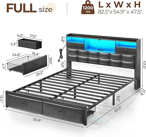 Miniatura 3 de Rolanstar Armazón de cama tamaño completo con cajones y estación de carga, cama plataforma tapizada con cabecera de almacenamiento y luz LED,