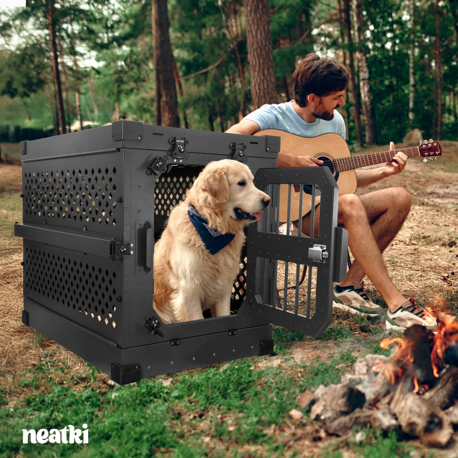 34-Inch Collapsible Heavy-Duty Dog Crate – Powder-Coated Aluminum Kennel with Secure Lock & Removable Tray | Portable for Indoor & Travel Use | Medium Dogs (Black, 34-Inch)
