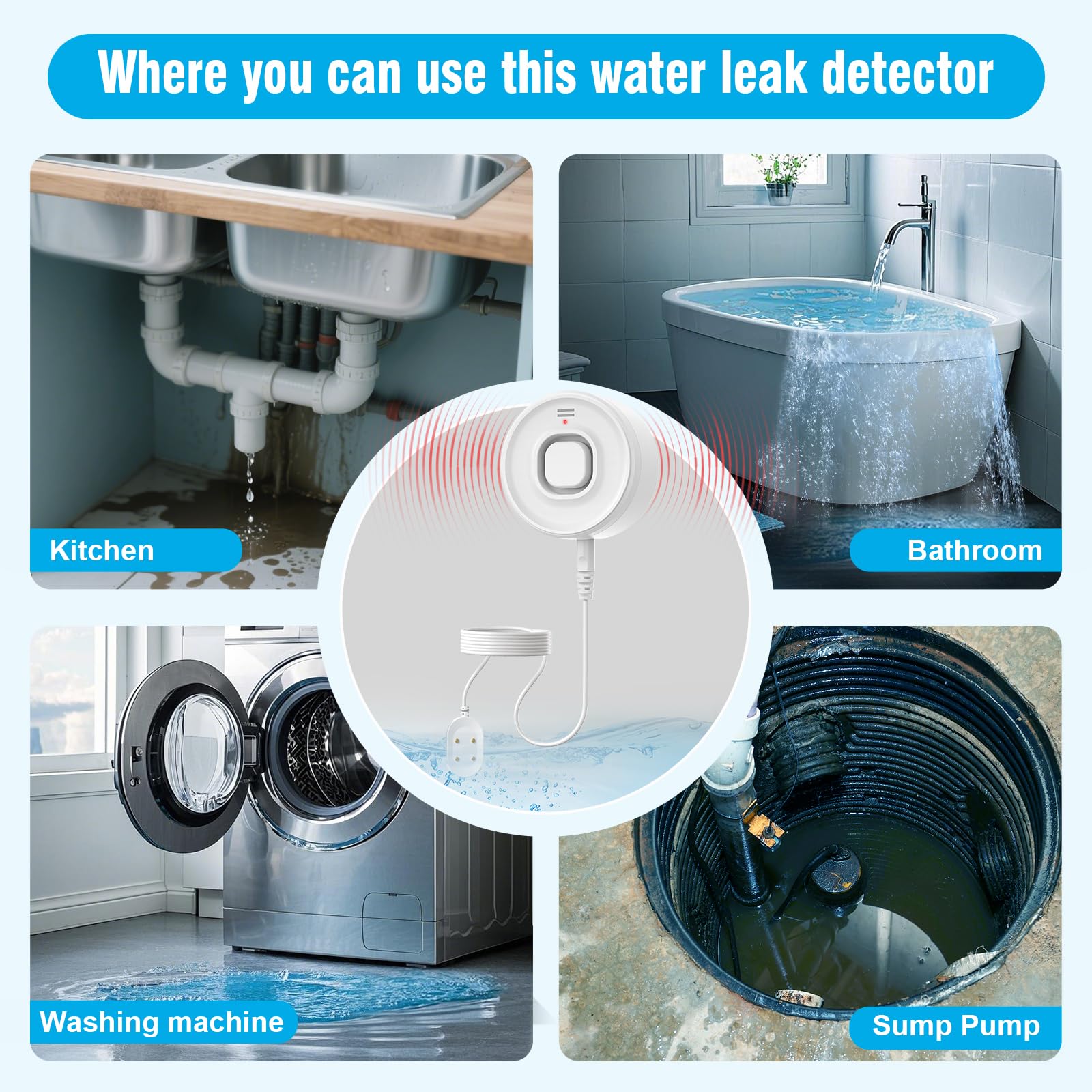 DAYTECH WLAN-Wasserleck-Detektor, 110 dB, Wasseralarm mit Telefonwarnungen und 2 m Detektorkabel, intelligenter Wasserstandssensor für Keller/Waschküche/Küche, 2er-Pack (nur 2,4 G WLAN)