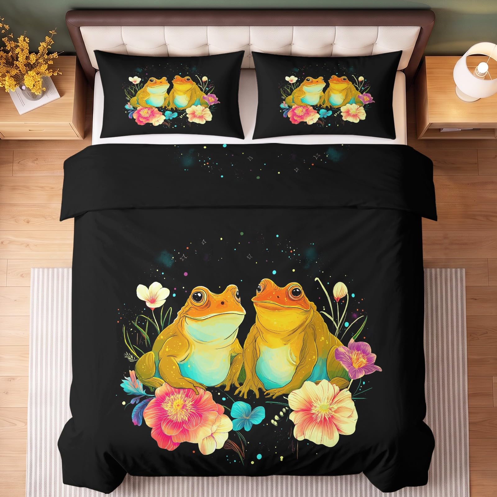 Dwustronne Fantastyczne Zwierzęta Poszwa na kołdrę Dekoracja 260 x 240 cm | Zestaw pościeli z miękkim zamkiem błyskawicznym, żaby kwiatowe komplet pościeli 2 poszewki na poduszki chłopcy dziewczęta