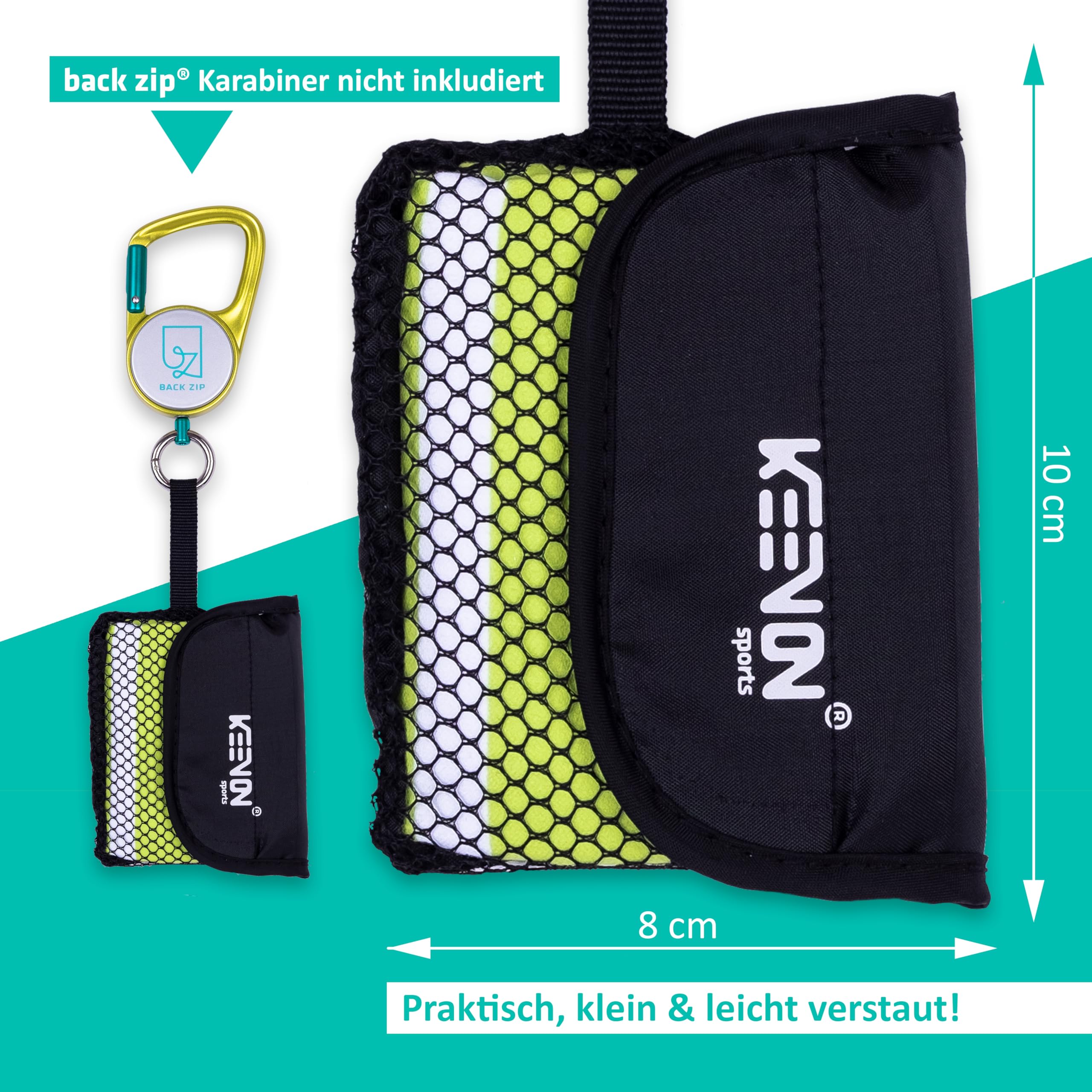 Keenon Sports, asciugamano in microfibra con tasca a rete, compatibile con moschettoni, escursionismo, mountain bike, corsa, viaggi, asciugatura rapida, assorbente, salvaspazio