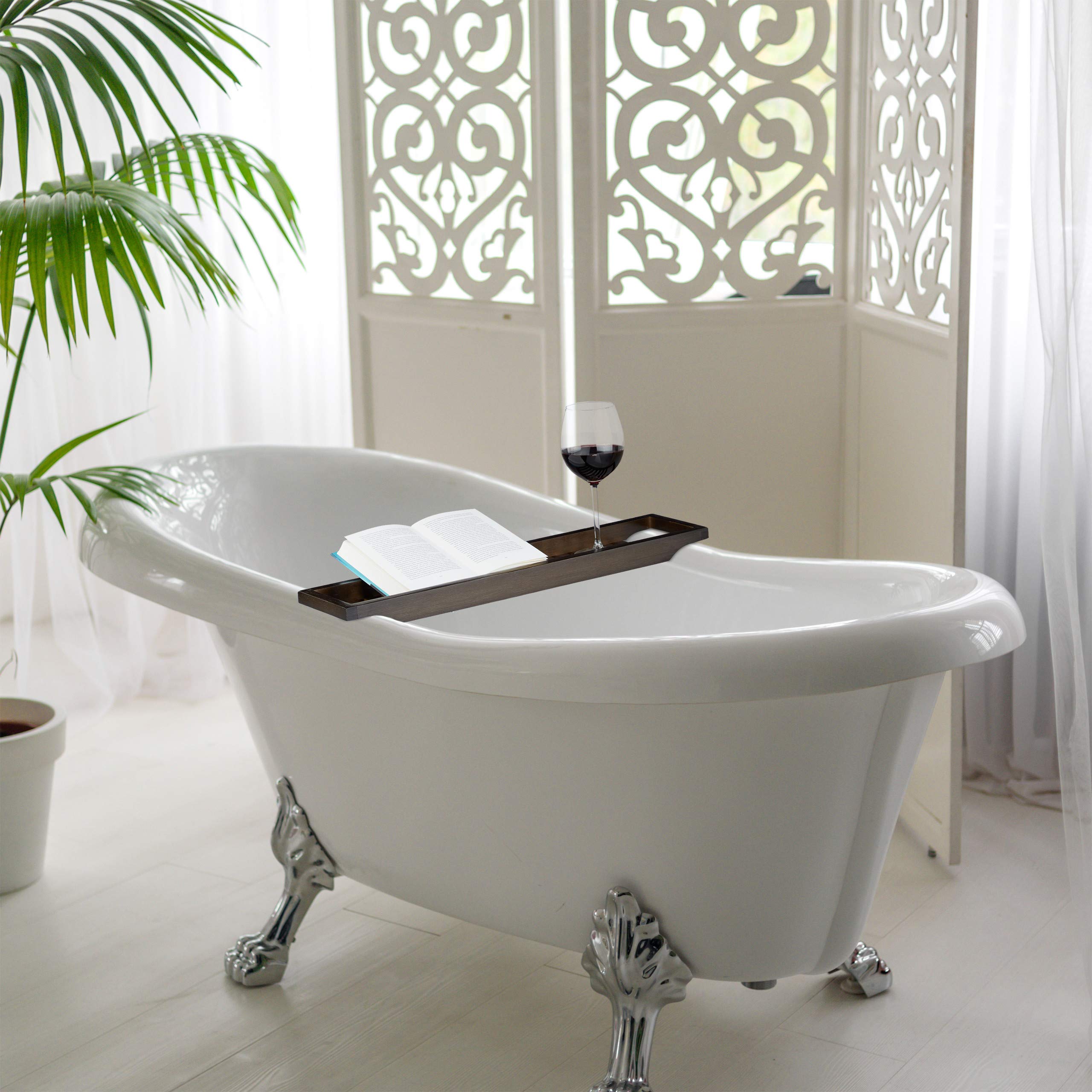 Relaxdays Vassoio Vasca da Bagno, in bambù, Mensola Porta-Oggetti da Appendere, Largo 70 cm, Ripiano, Marrone Scuro