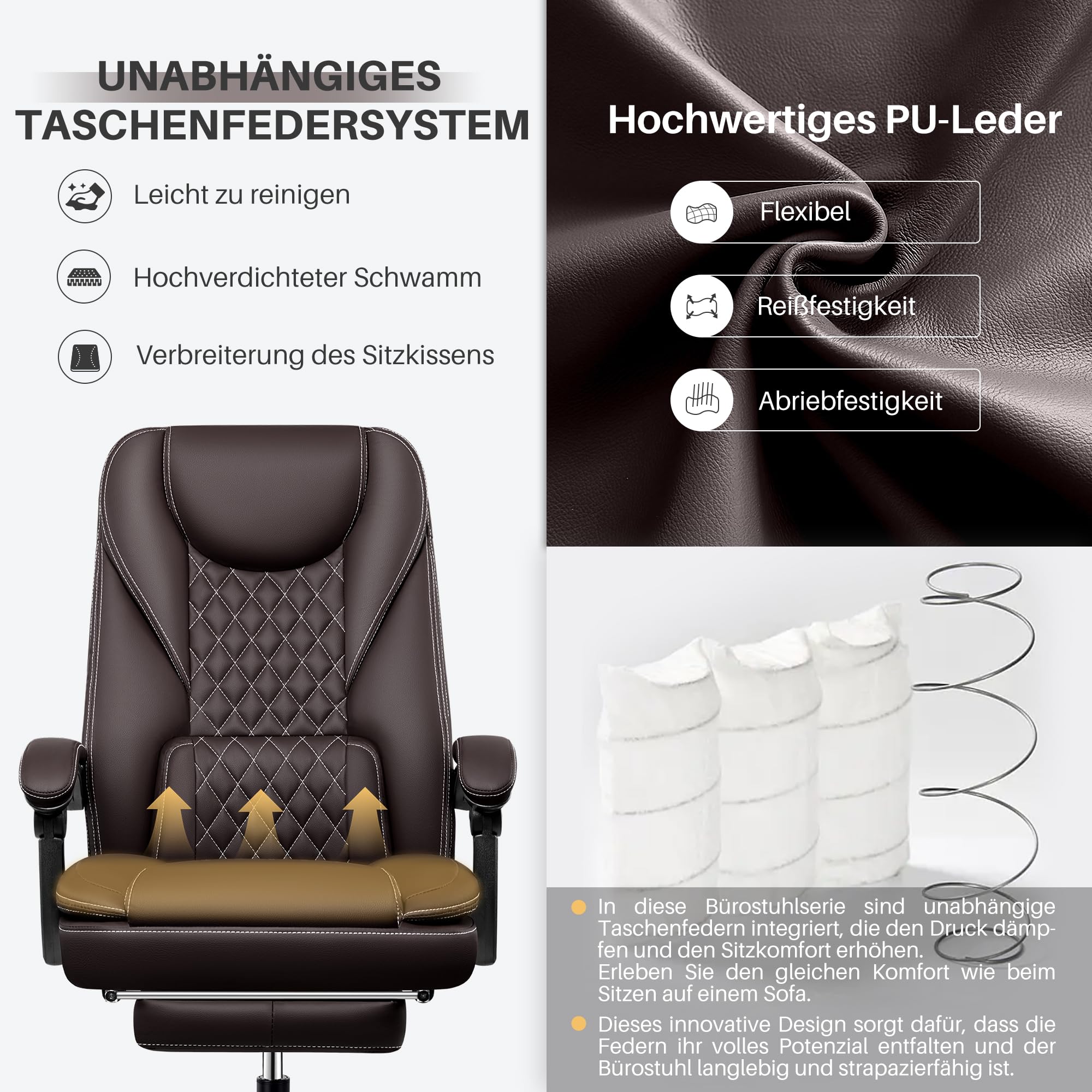 Bürostuhl ergonomischer Schreibtischstuhl bis 140°mit Fußstütze Kopfstütze Wippfunktion Drehstuhl Chefsessel Kunstleder, Grau