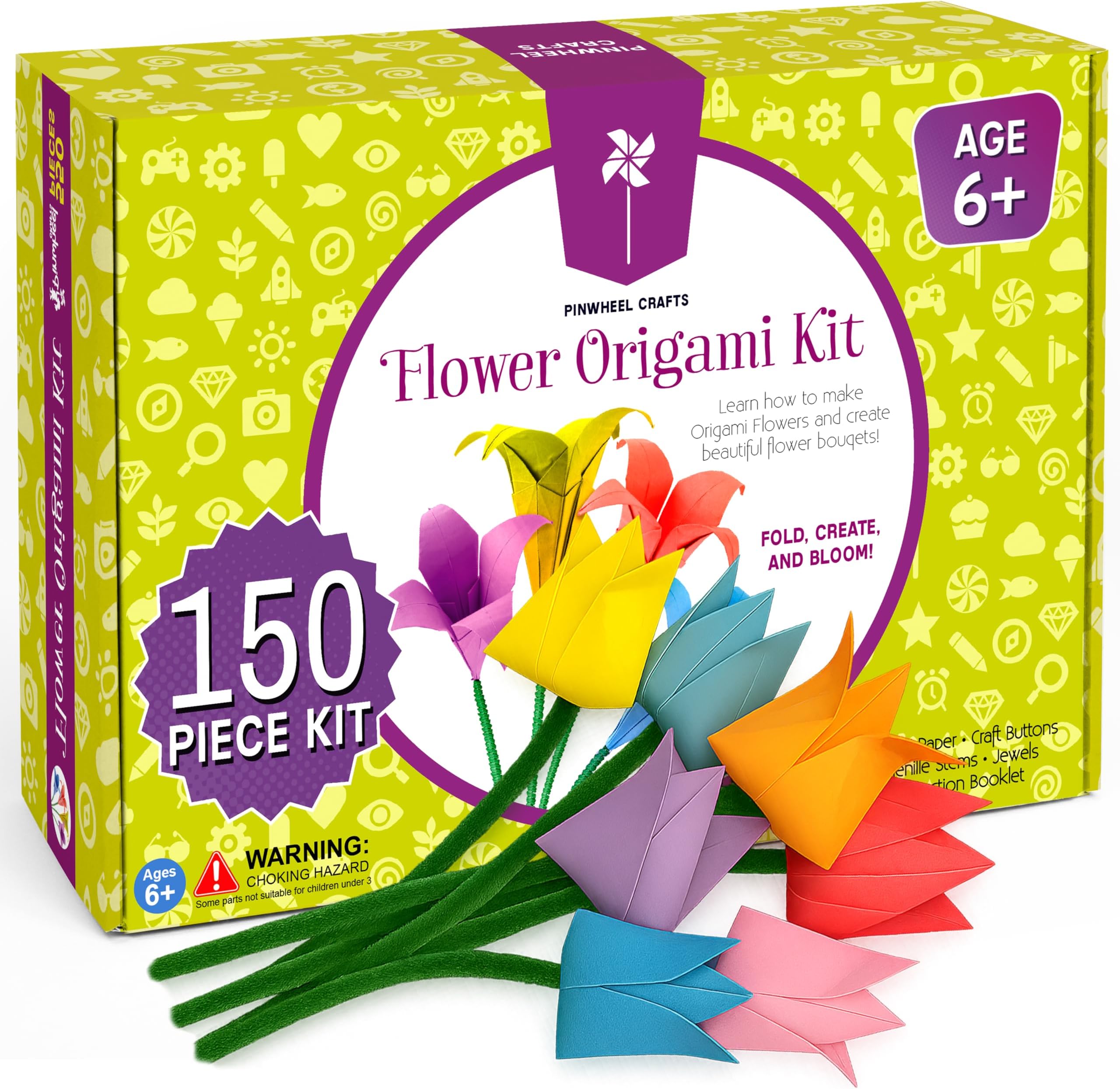 Pinwheel Crafts Flower Origami Kit for Kids Ages 8-12 | 150 Pcs Origami Paper Kit w/Multicolor Folding Papers, Chenille Stems,Buttons and Jewels, Arts and Crafts Paper Book for Kids Ages 6+