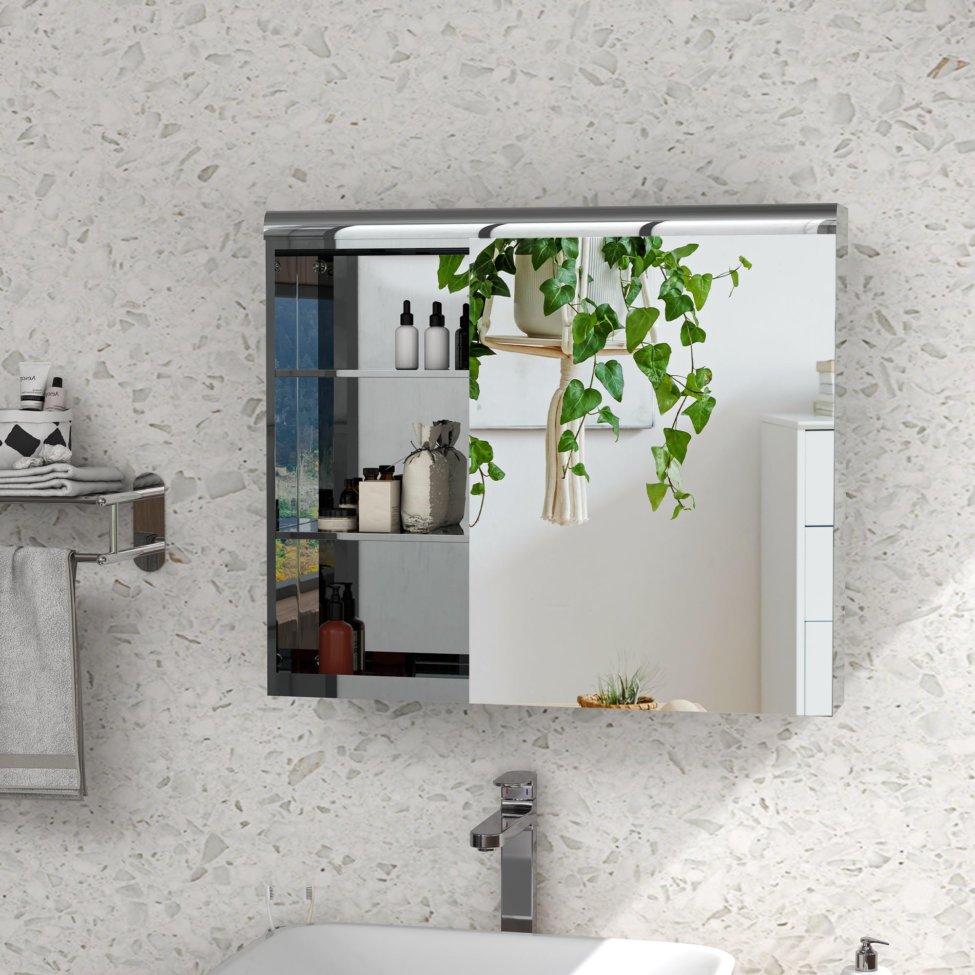 Armoire Murale Salle De Bain Avec Miroir - Dimensions 70x13x60 Cm - 1 Porte, 3 étagères Réglables - En Acier Inoxydable, Fixation Murale Incluse