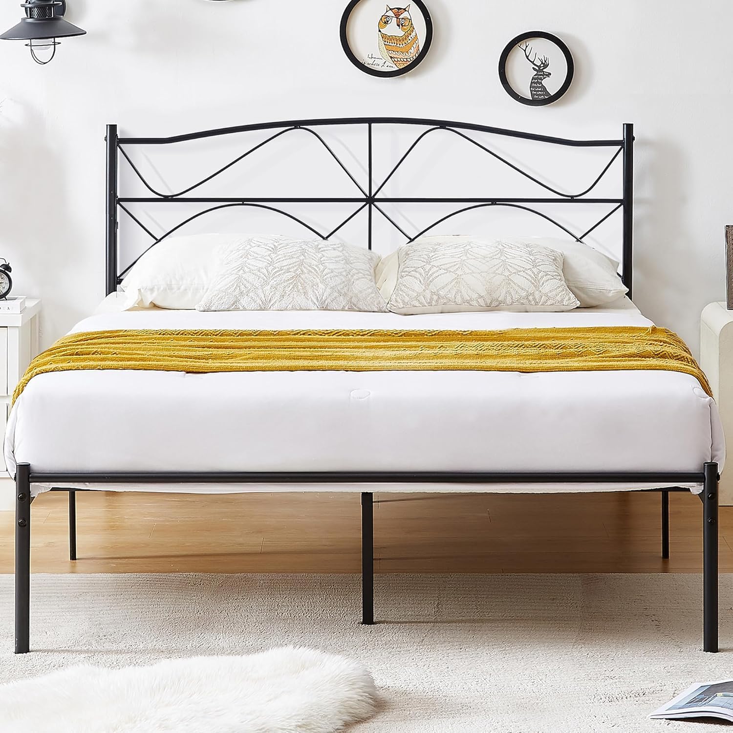 VECELO Full Size Bed Frame, Metal Bed Platform with Headboard, Sturdy Steel Slats Support, No Box Spring Needed/Noise-Free,Easy Assembly, Black