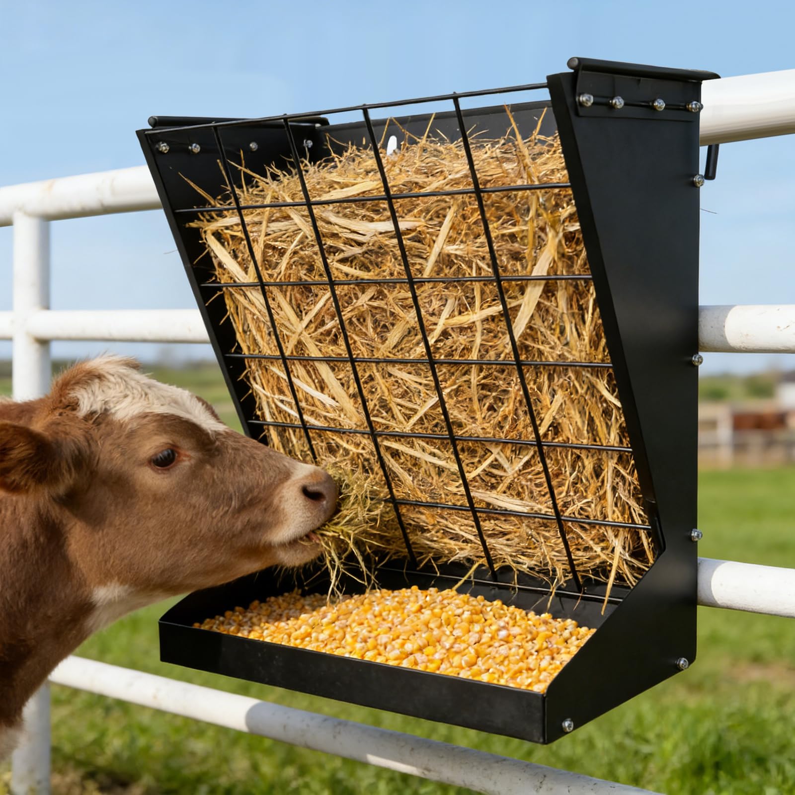 Alimentador de heno y grano 2 en 1 para montaje en pared, comedero para ganado | Alimentador de heno de acero galvanizado, gran capacidad, para cabras/ovejas, caballos, ganado, corrales de granero