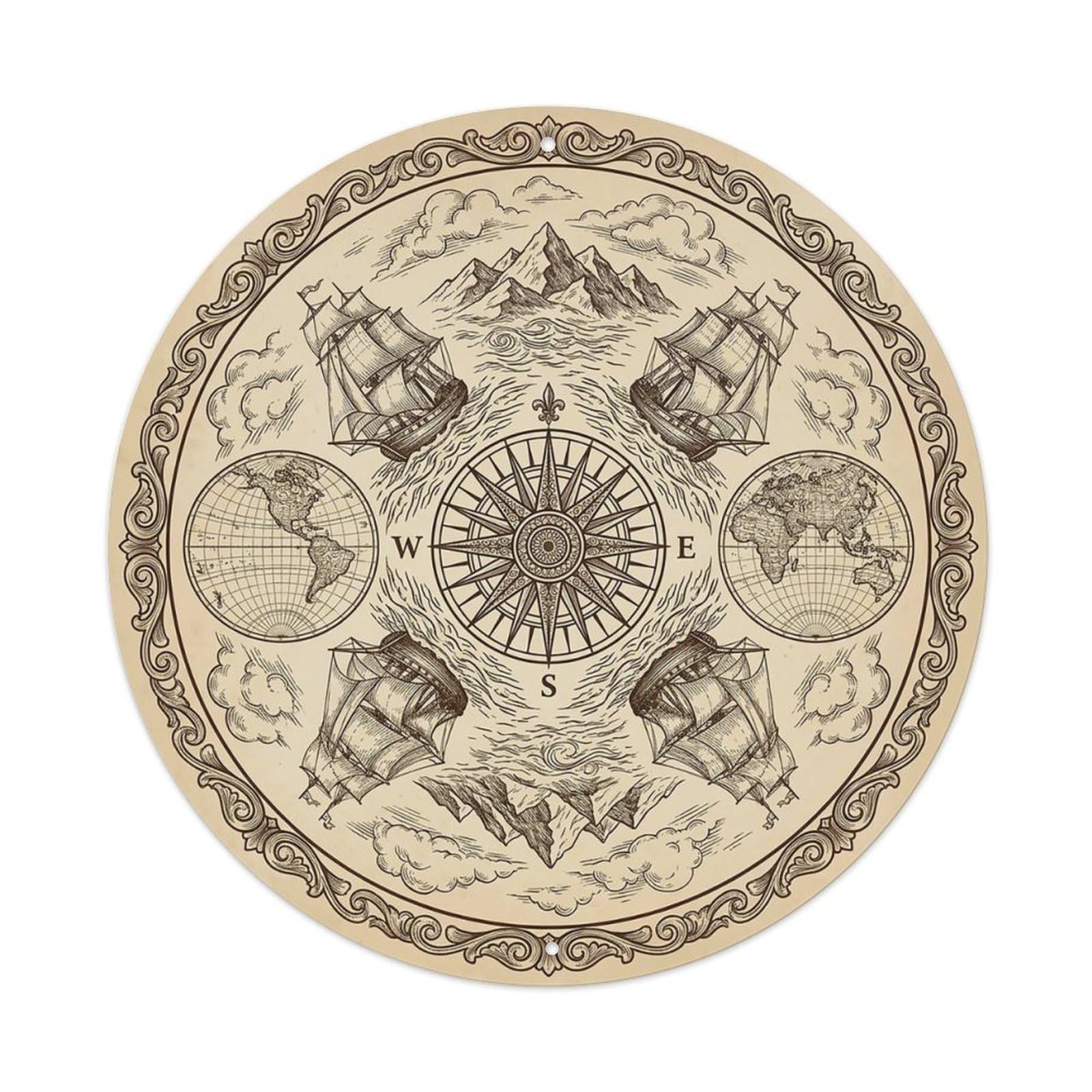Vintage Nautical Compass World Map Dockyard Path Metal Tin Sign