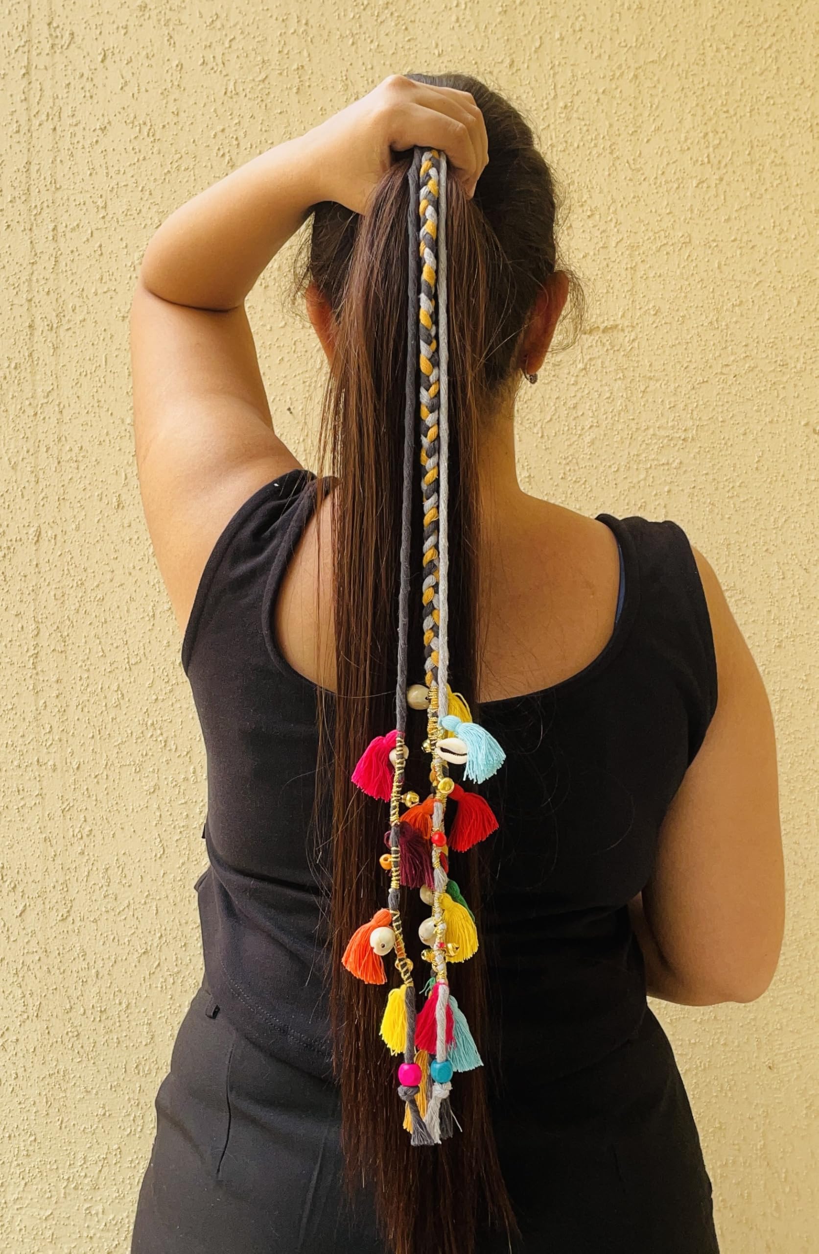 Zippy Flora Boho Handmade Colorful Hair Strings for Navratri/Ethnic Look/Bohemian Styling, Colorful Braided Hairband, Thread Hair Accessories & Extensions (Full Length (20-22inch), Grey)-image-20