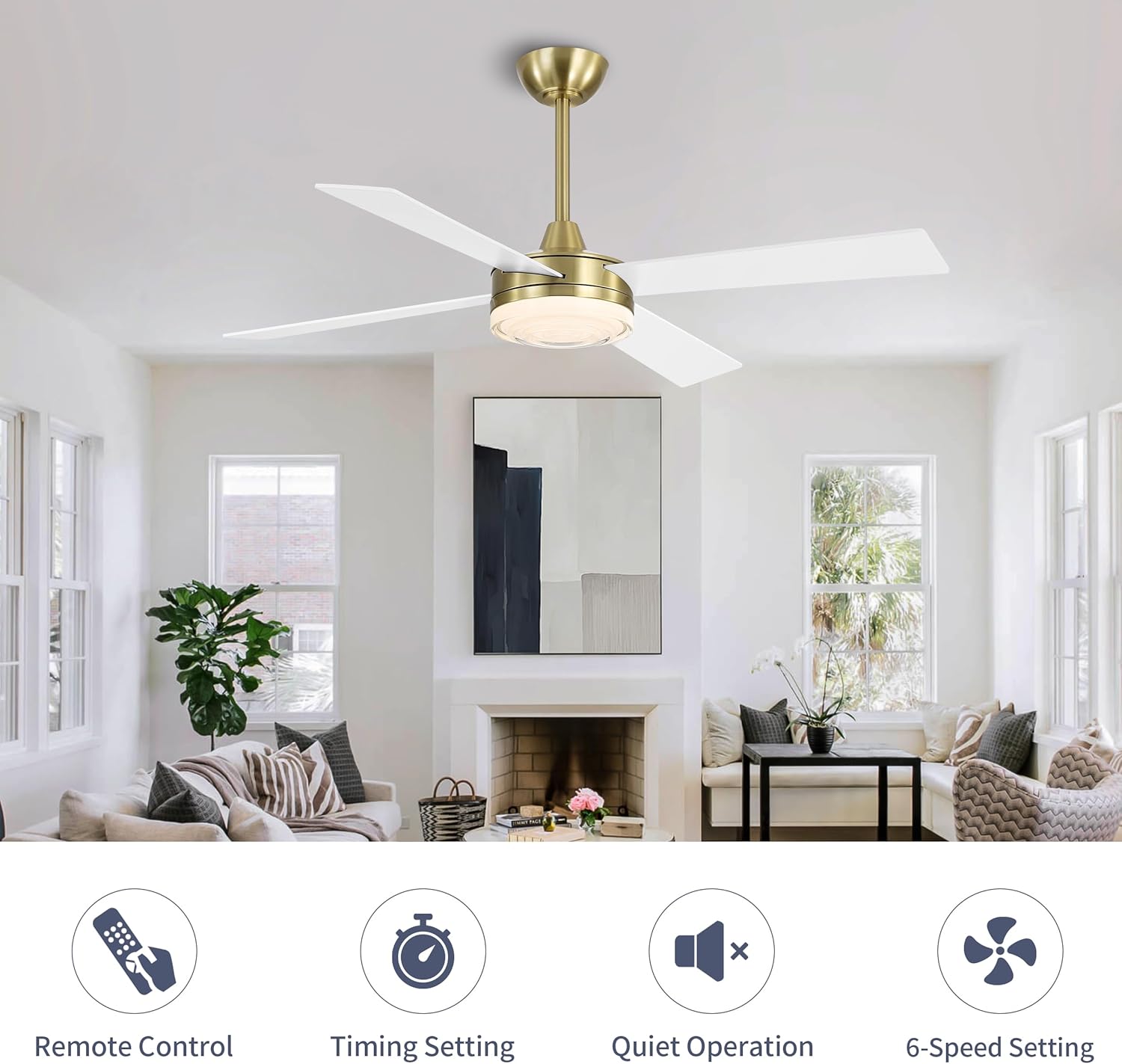 WINGBO 52 Inch Ceiling Fan with Lights and Remote, 3CCT, Modern Ceiling Fan with Ripple Glass Shade, 6-Speed Reversible DC Motor for Bedroom Living Room Kitchen Hallway, Brass and White