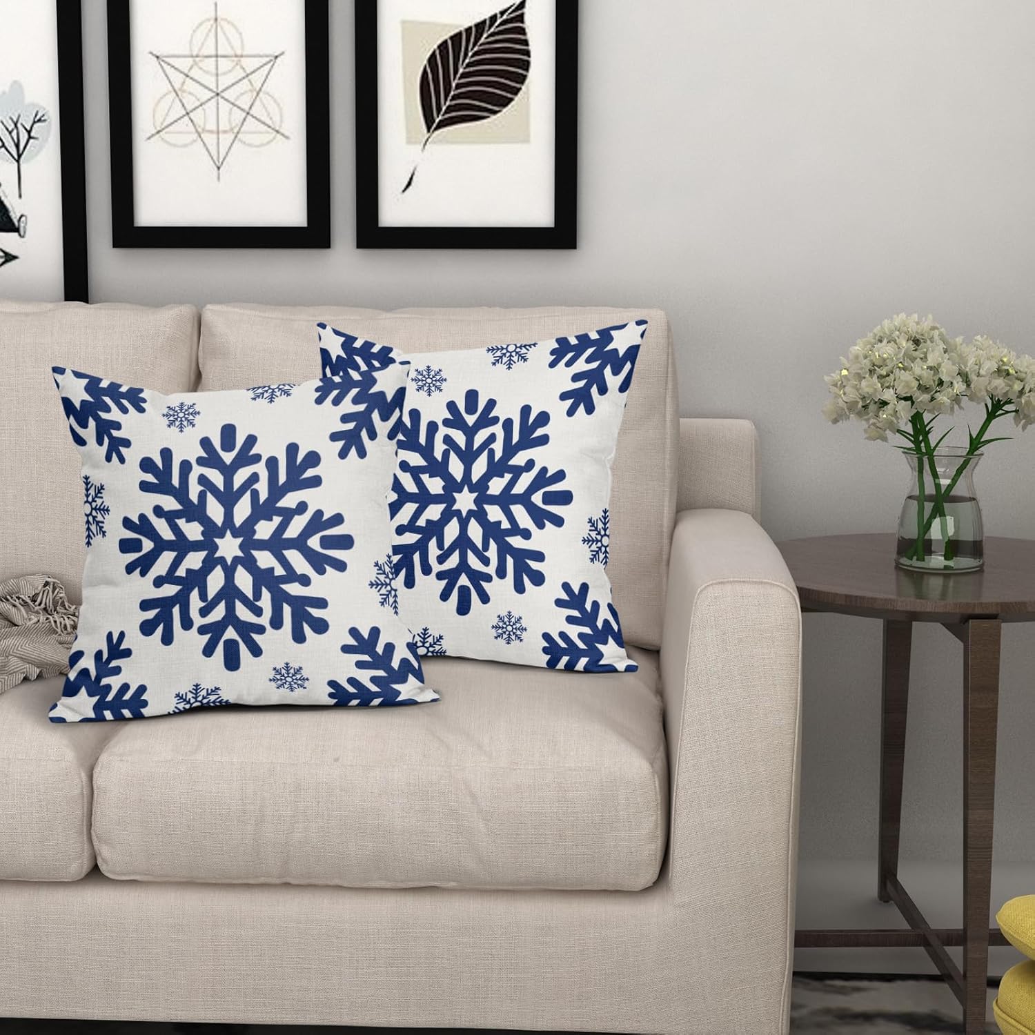 Blue Christmas Pillow Covers 24x24 Inch Set of 2 White Xmas Snowflakes Rustic Winter Themed Decorative Throw Pillow Cases Outdoor Linen Cushion Covers Seasonal Farmhouse Sofa Couch Bed Decor