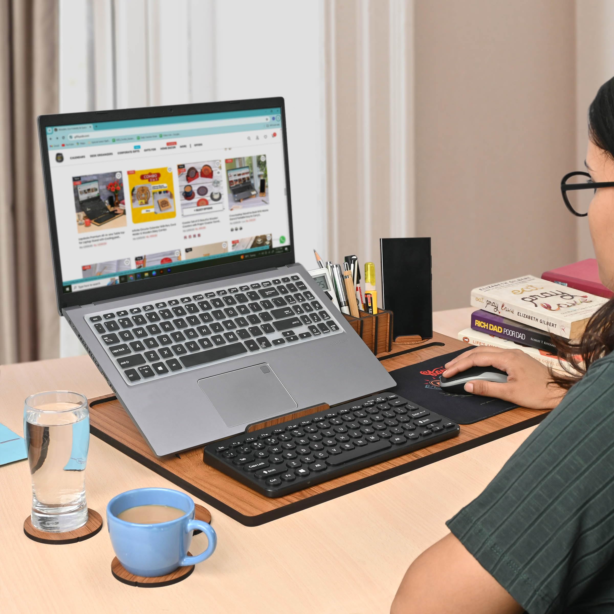 GKD Lapdesks Premium All-in-one Table top for Laptop Stand with Cooling pad Keyboard and Mouse pad Mobile Stand Stationary Desk Organizers and Coaster Set (All in One - Dark Wood)