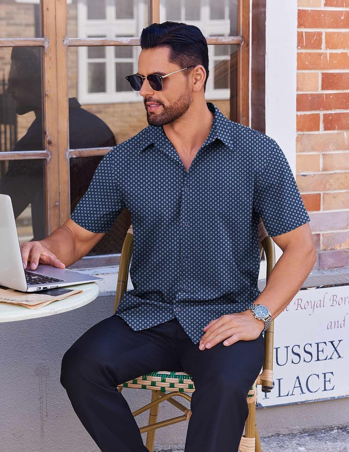 COOFANDY Mens Wrinkle Free Dress Shirt Polka Dot Short Sleeve Button Down Business Casual Shirts
