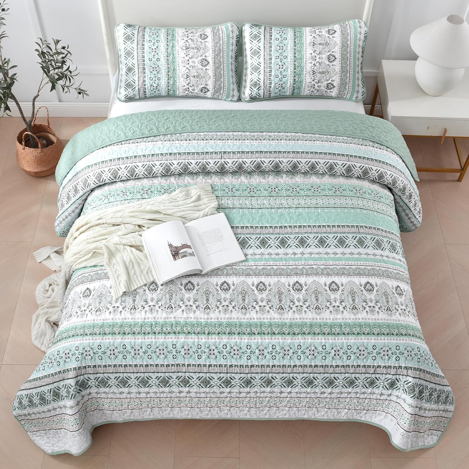 Goodidea Boho Quilt Set Queen Size,3 Piece Green Bohemian Striped Bedspread Coverlet Set with 2 Pillow Cases Lightweight Soft Microfiber Bedding Set for All Seasons (96"x90") - Image 7
