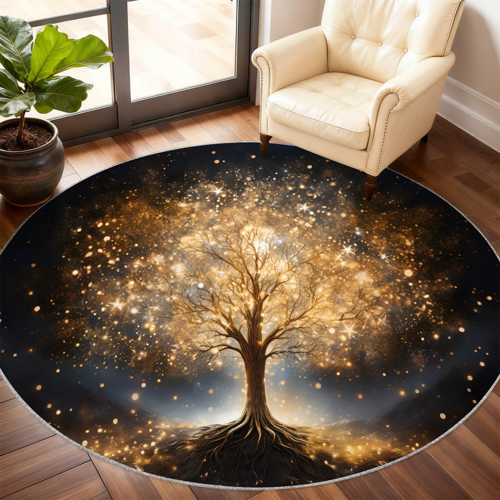 Tapis rond arbre de vie lavable et antidérapant pour salon et chambre