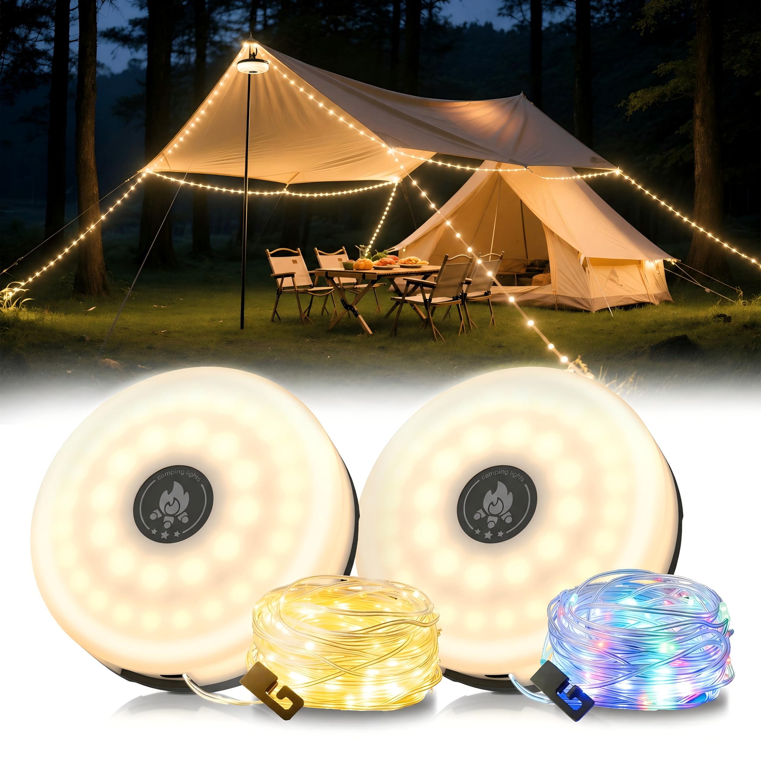 LOHAS-LED Rechargeable Camping String Lights: 2 Pack Upgraded 4 in 1 Quick Recovery Waterproof 32.8FT Tent Lights with 8 Modes, Camping Essentials for Yard, Hiking, Patio, Garden, and Holiday Decor