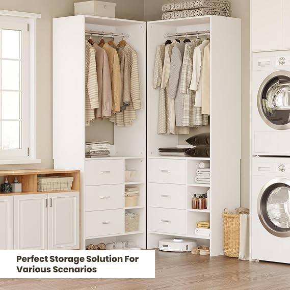 COSIEST Closet System with 3 Drawers, 29.5 Closet Organizer System with Hanging Rod & Shelves, Freestanding Walk-in Closet Systems for Small Closets, White (29.5L x 15.5 W x 80 H)