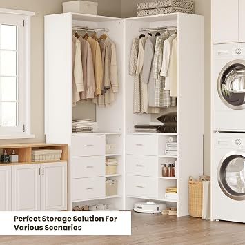 COSIEST Closet System with 3 Drawers, 29.5 Closet Organizer System with Hanging Rod & Shelves, Freestanding Walk-in Closet Systems for Small Closets, White (29.5L x 15.5 W x 80 H)