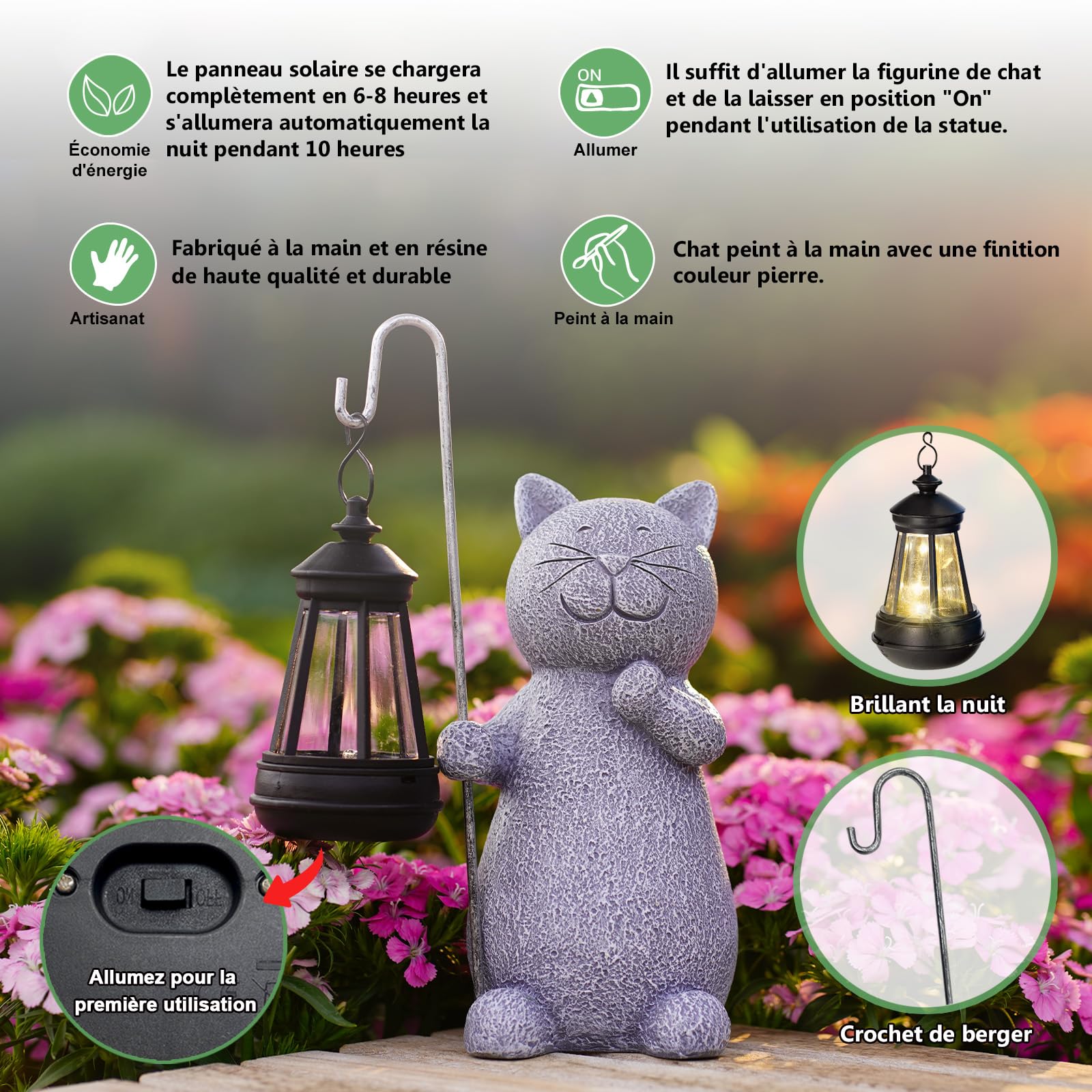 Yeomoo Figurine Chat avec Lampe Solaire Décoration Jardin Extérieur Gris | Statue de chat en résine étanche avec lumière solaire, Décoration jardin balcon terrasse salon, Cadeau pour femme homme maman