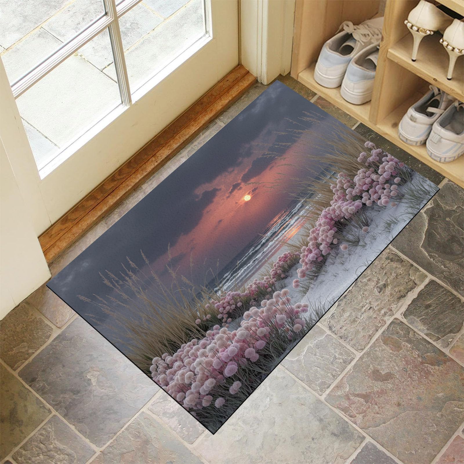 Tapis Sunset Beach 90X150Cm en Fausse Laine Rose Gris pour Salle De Bain Cuisine, Petit Paillasson D'Entrée D'Intérieur, Paysage Végétal, Tapis De Sol Antidérapant Lavable