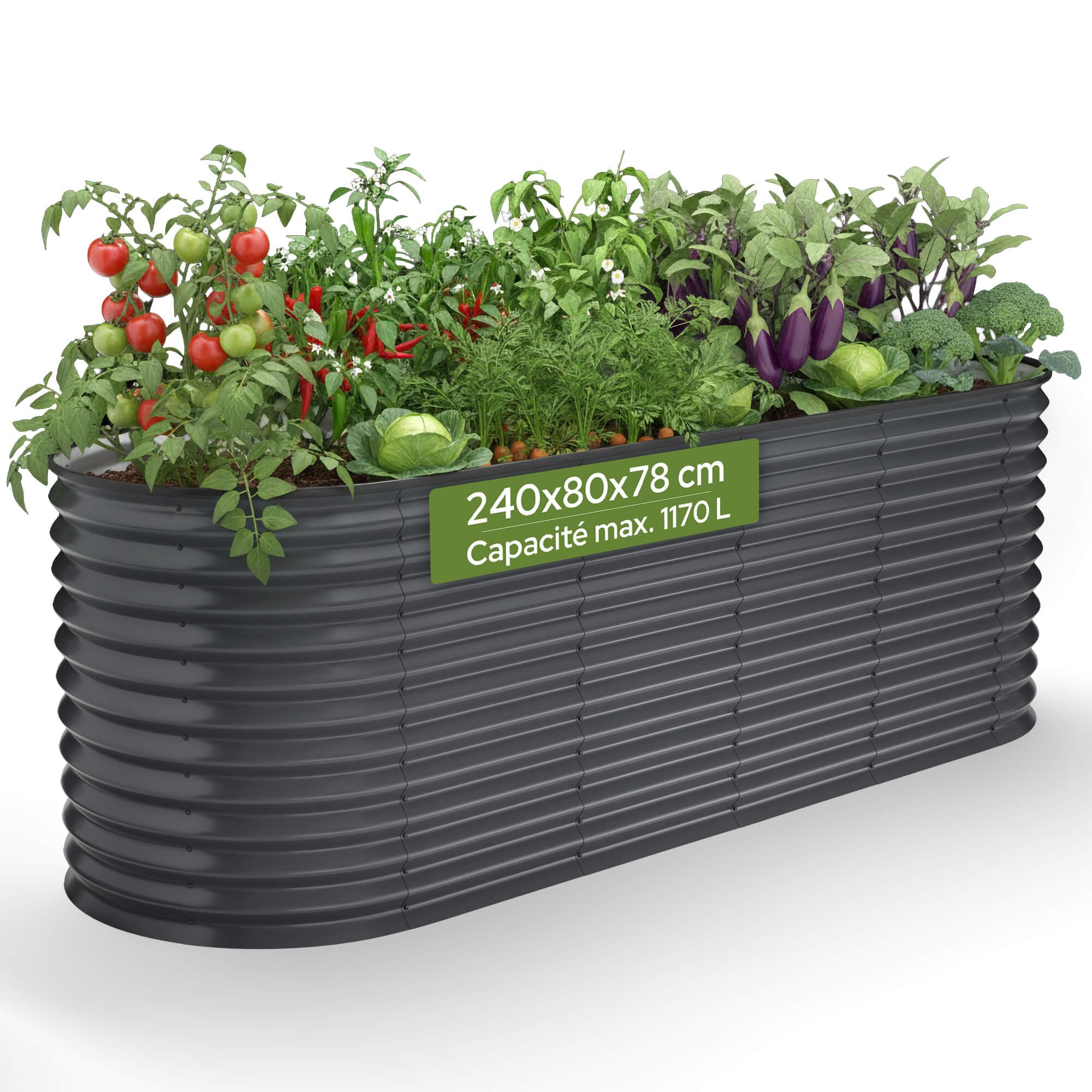 AREBOS Jardinière Surélevée Ovale 240×80×78 cm | Acier Galvanisé avec Bord en Caoutchouc 1170 L | pour Jardin, Terrasse et Balcon | Stable avec Traverses