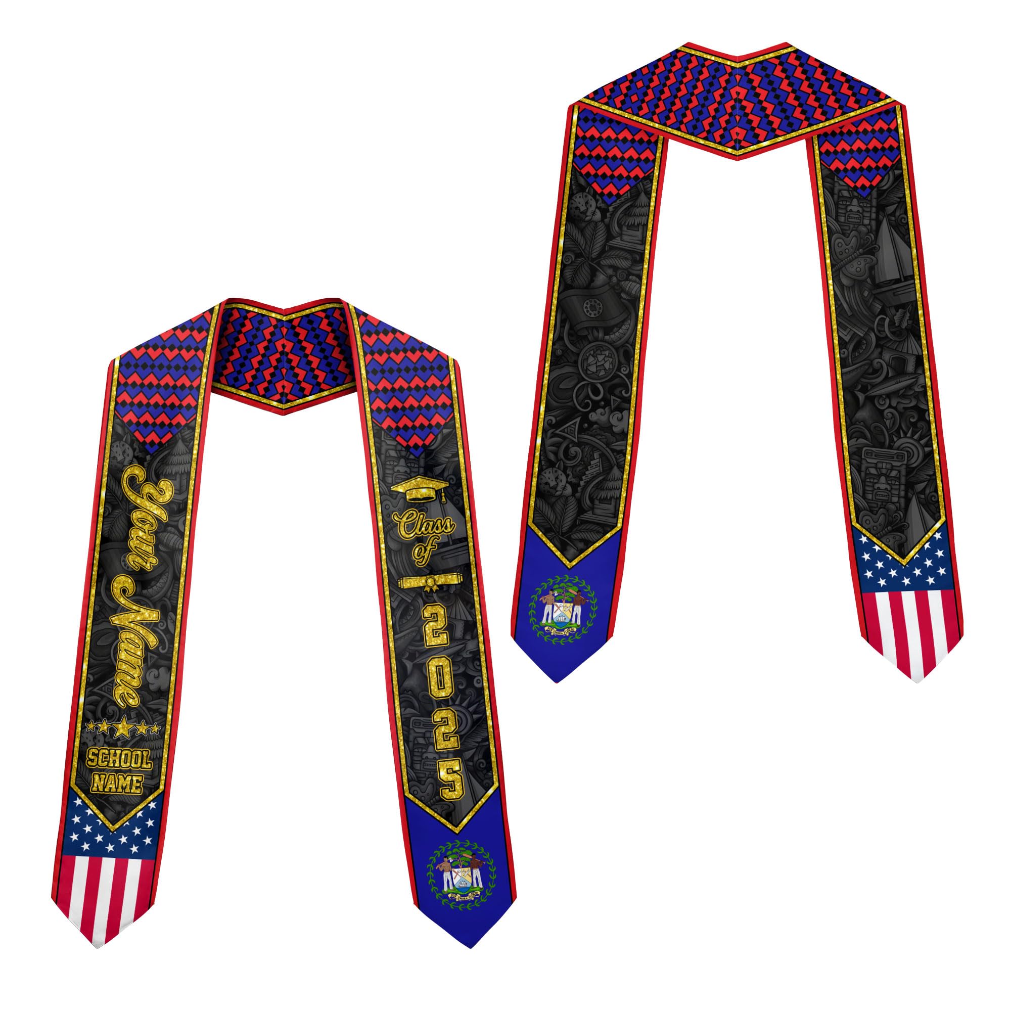 MonkeyVan Custom Belize Graduation Sash Belize Stole for Graduation Belize Flag Gift Graduation Sash Graduation Stole Bz2