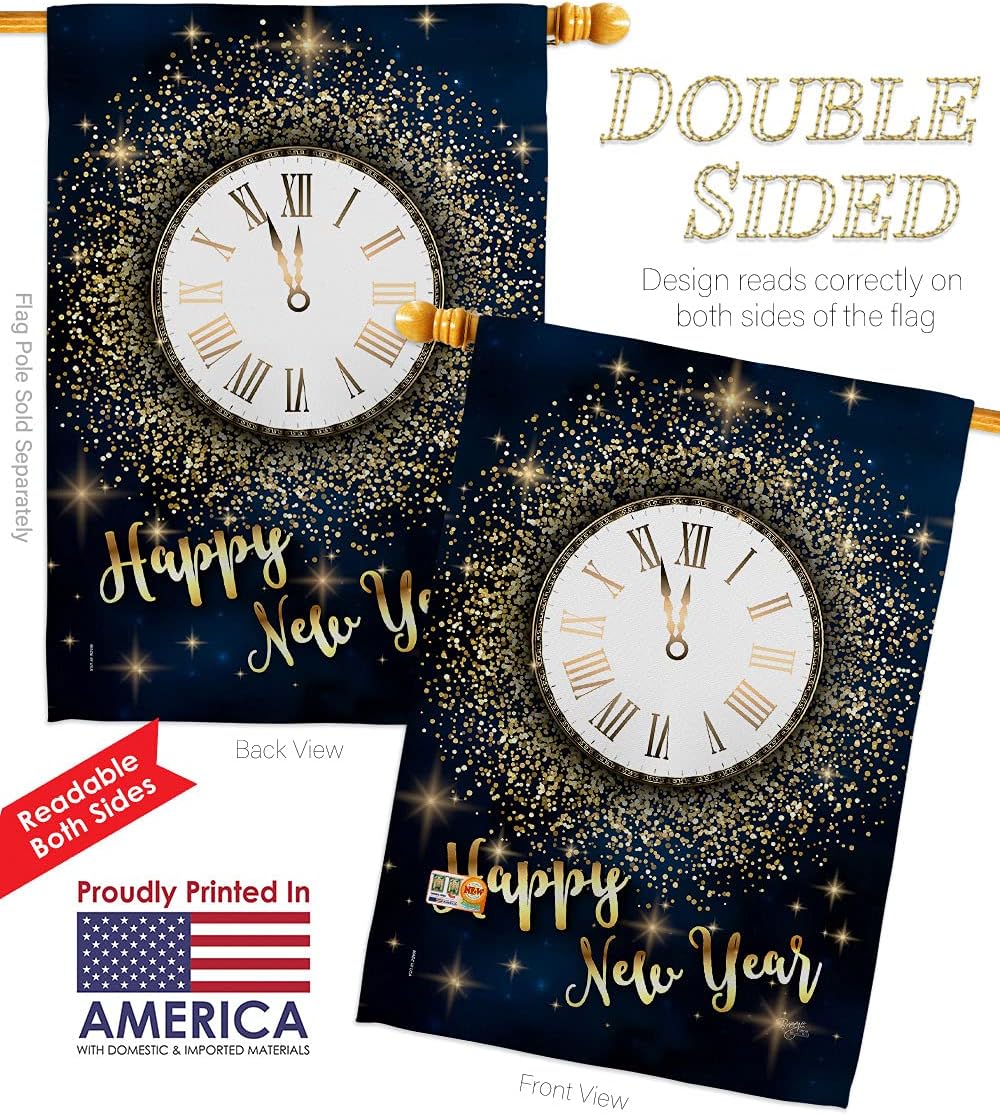 Countdown New Year House Flag Dowel Set Clock Champagne Party Fireworks Celebrate Small Decorative Gift Yard Banner Double-Sided Made In USA 28 X 40
