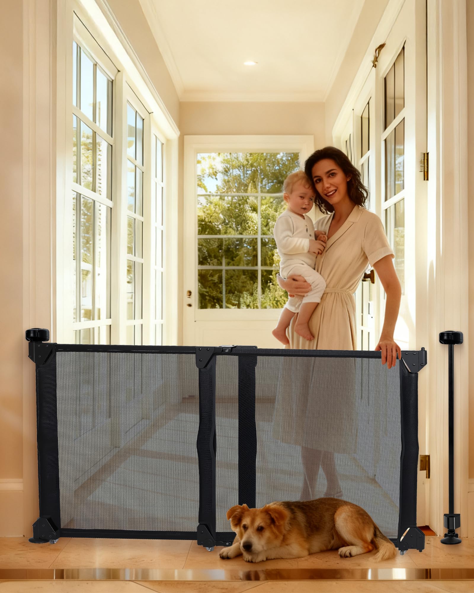 HOMGEN Upgrade Foldable Stair Baby Gates 180° Door Opening 81cm-140cm/32-55Inch Long Mesh Baby Gate Extendable Stair Gate 71cm/28Inch Tall Dog Gate PVC Tear-Resistant Pet Gate