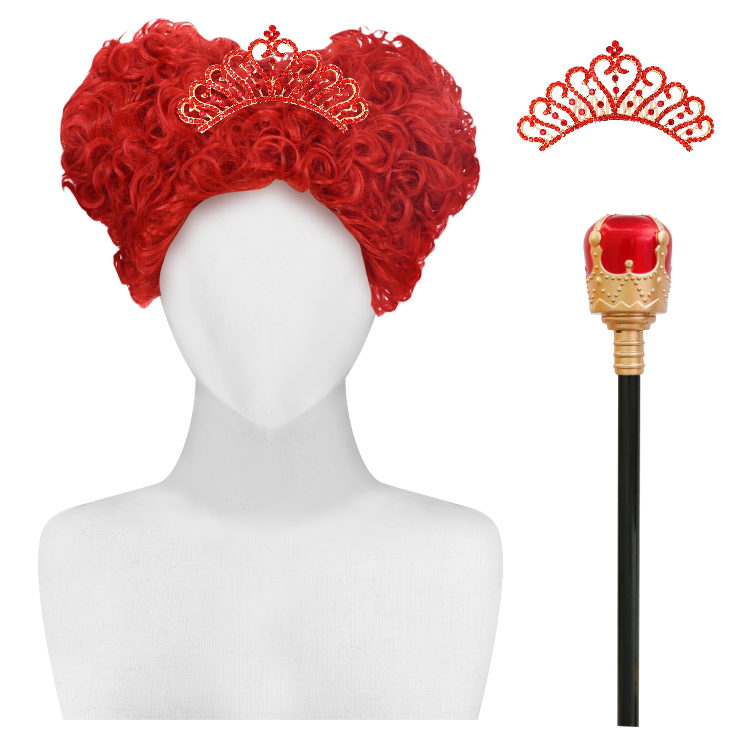 Embravfire Queen Cosplay Wig - Red Curly Short Heart Wig, Crown, Wand for Halloween, Kids & Adults