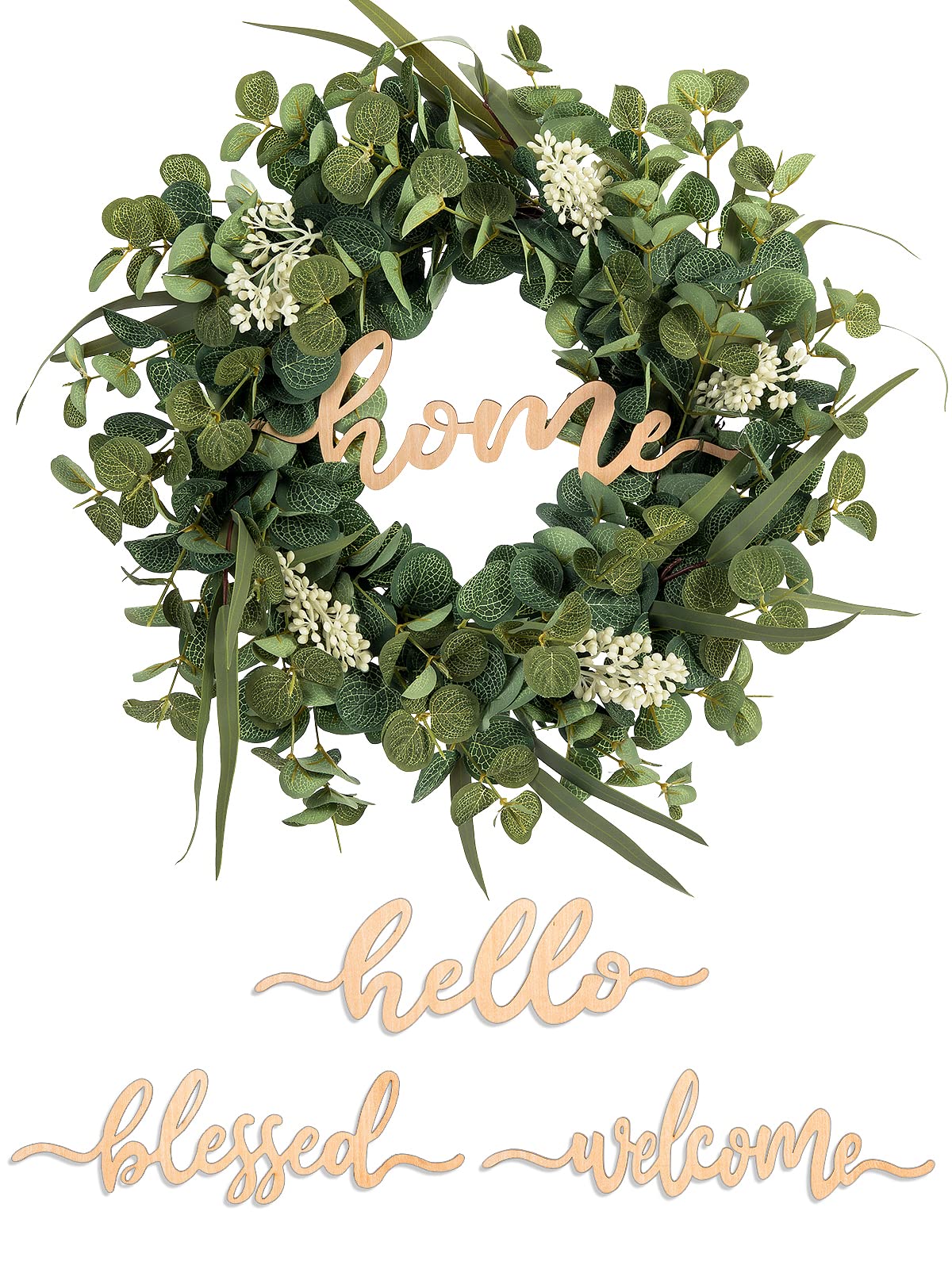Eucalyptus Wreath with 4 Wood Signs - Welcome Hello Home Blessed. Artificial Greenery Wreath for Front Door, Spring Summer Porch Farmhouse Boho Home Decor