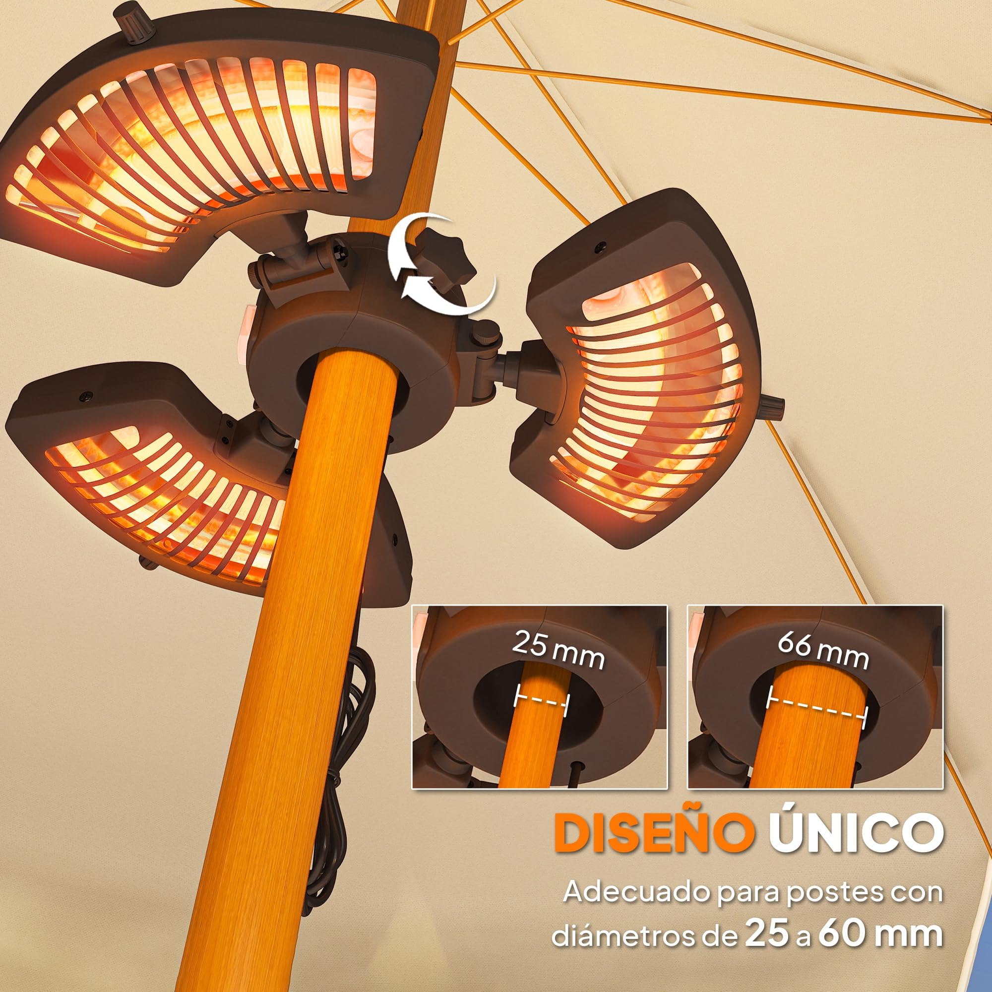 Outsunny Calefactor por Infrarrojos para Parasol 800/1600/2400W Negro | Estufa Exterior Eléctrica de Aluminio, 3 Niveles de Calentamiento, Protección Antivuelco, IP44, para Terraza Patio Jardín
